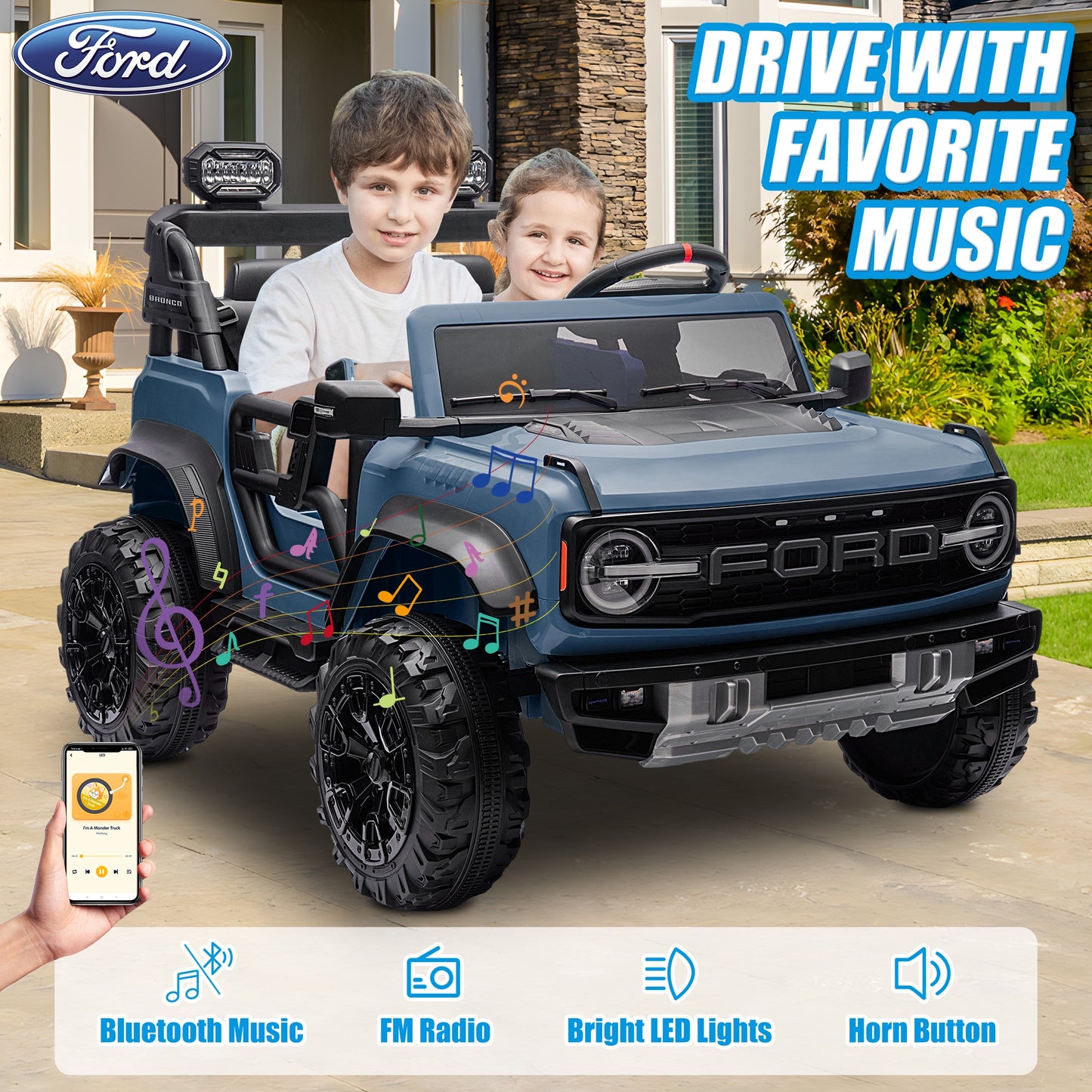 24V 2 Seater Ride on Toy Car, Licensed Ford Bronco Raptor Ride on Trucks with Remote Control, Bluetooth Music Player, Spring Suspension, Battery Powered Electric Car for Kids Boys Girls Ages 3-8, Blue