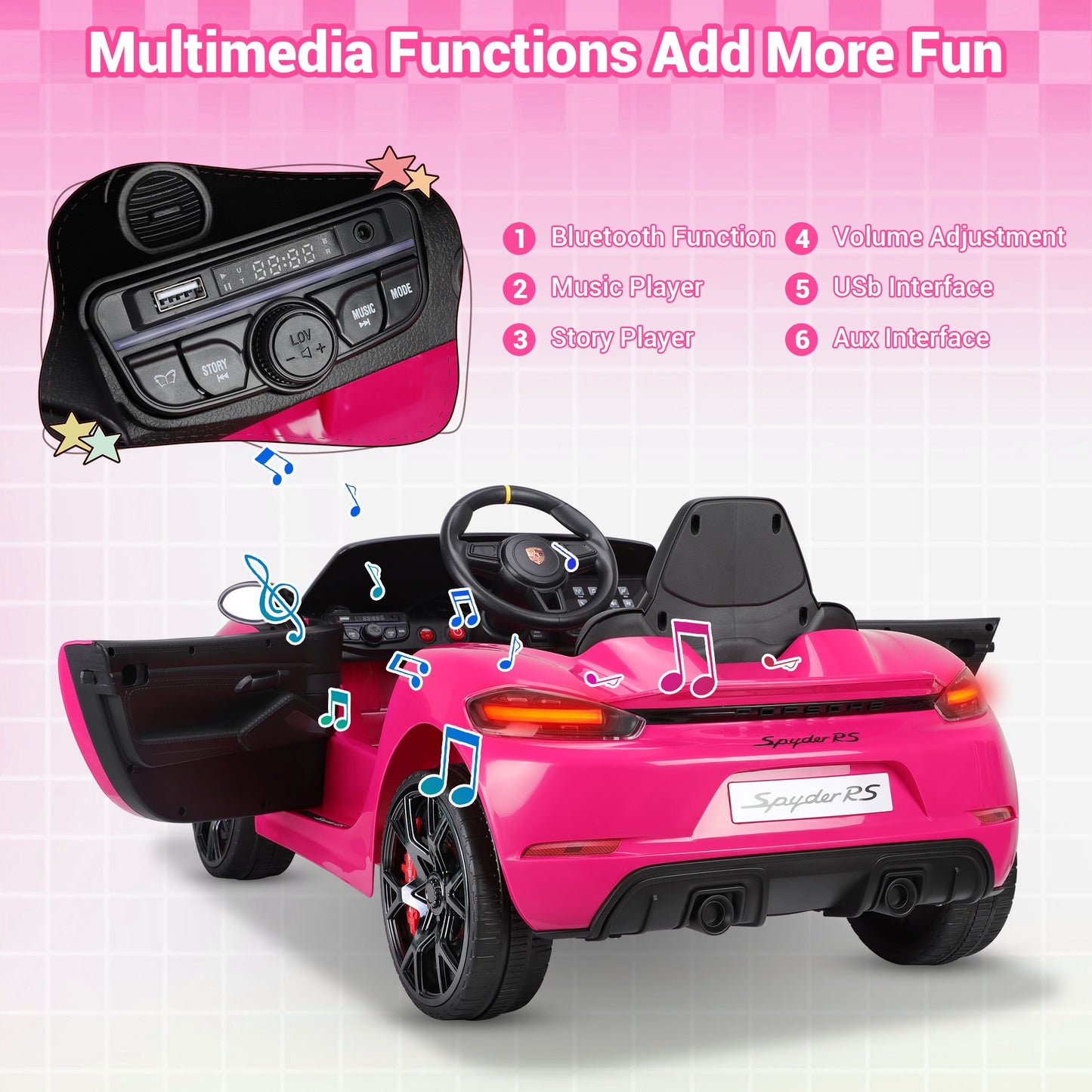 12V Powered Ride On Toys, Licensed Porsche 718 Ride on Car for Kids Boys Girls Christmas Gifts Ages 3-5, Kids Cars Electric Vehicle with Remote Control, Bluetooth, Music, LED Light, 4 Wheeler, Pink