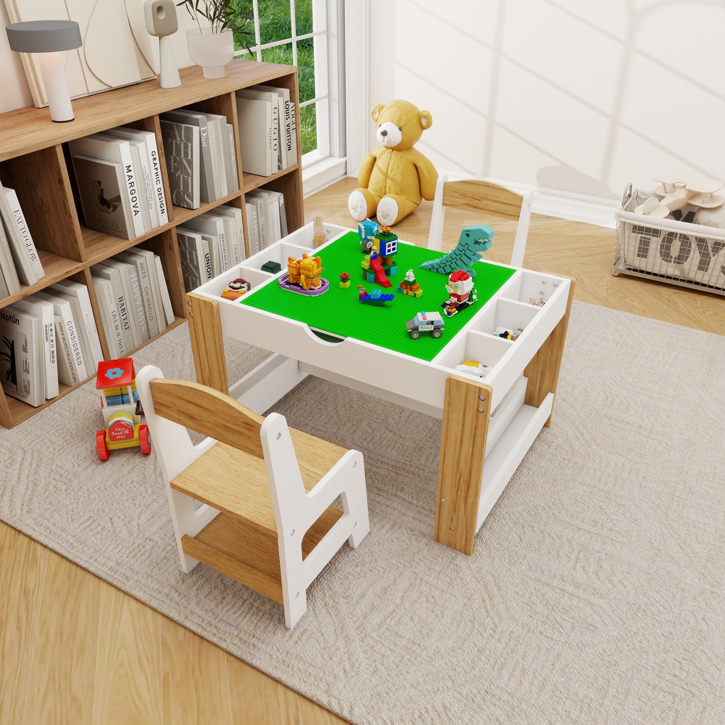 2 in 1 Kids Table Set, Kids Play Activity Table with Building Bricks, Whiteboard, Toy Organizer Compatible, Wood Building Block Desk for Drawing Reading Arts Crafts, White