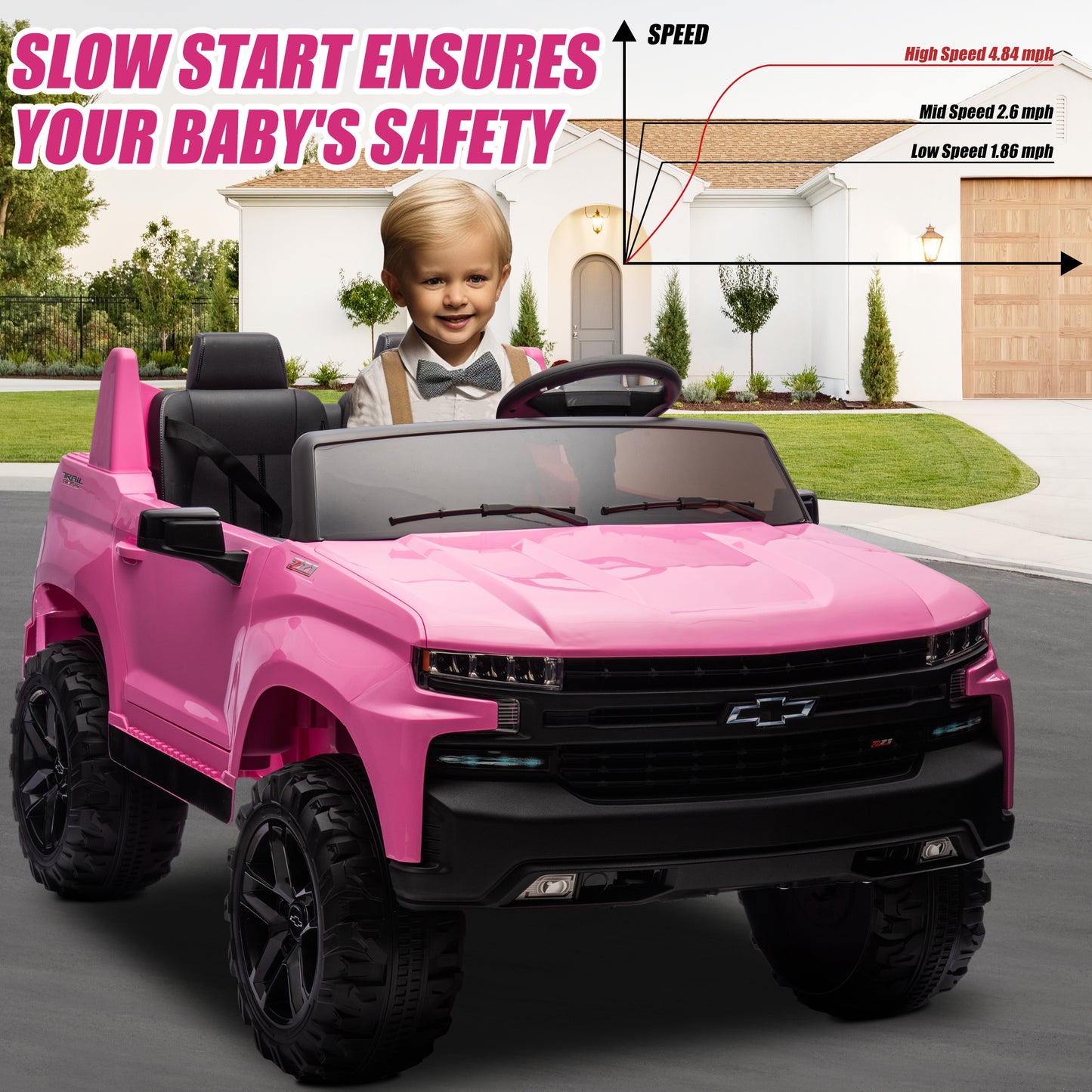 Chevrolet Silverado 24V Ride on Cars with Remote Control, 2 Seater 4 Wheels Kids Electric Cars with Bluetooth, LED Lights, Battery Powered Ride on Truck Toys for Boys Girls Christmas Gifts, Pink