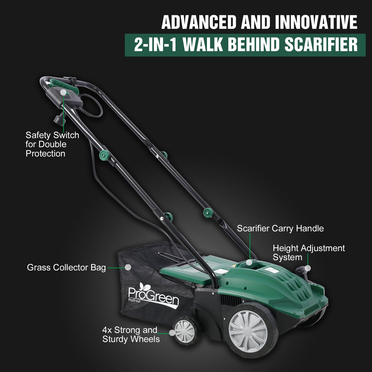 iRerts 2 in 1 Walk Behind Scarifier, 13 Inch Electric Corded Lawn Dethatcher Scarifier with 31.7QT Collection Bag, 4 Position Height Adjustment, 12 Amp Dethatcher and Scarifier for Garden Yard, Green