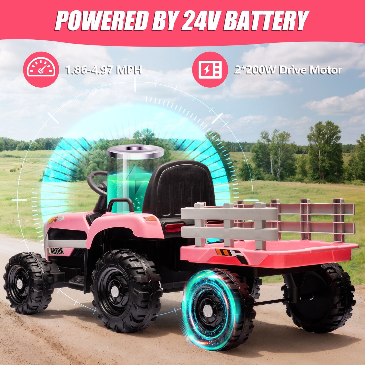 Powered Ride on Toy Tractor, 24V Kids Ride on Car with Remote Control, Electric Vehicles for Kids Toddlers 3-6 Years with 3 Speeds, Bluetooth, Music Player, LED Light, Rear Wheel Suspension, Pink