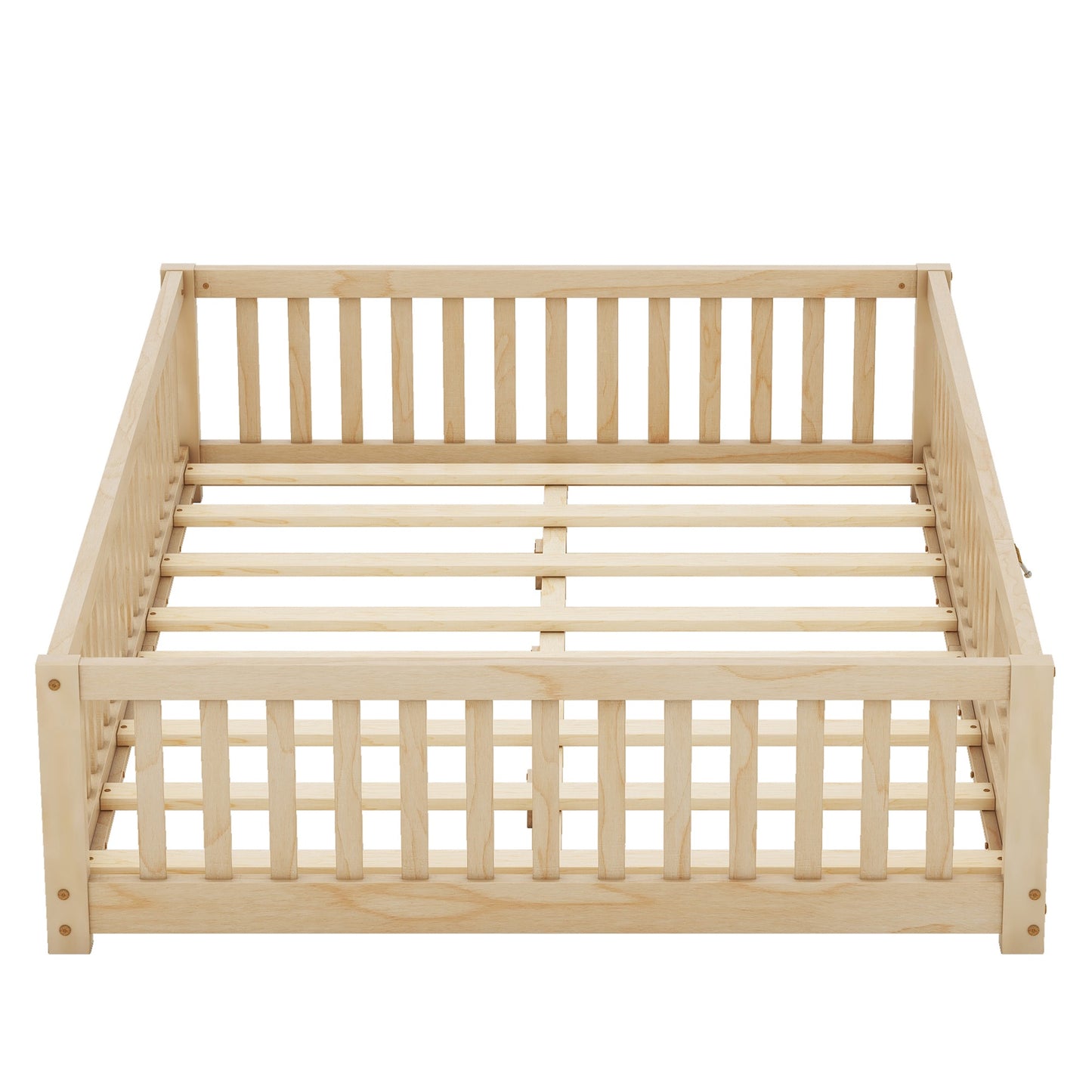 iRerts Full Floor Bed Frame for Toddlers Kids, Wood Full Montessori Bed Frame with Slats, Fence, Door, Kids Montessori Bed Full Size, Full Toddler Bed Frame for Boys Girls, Natural