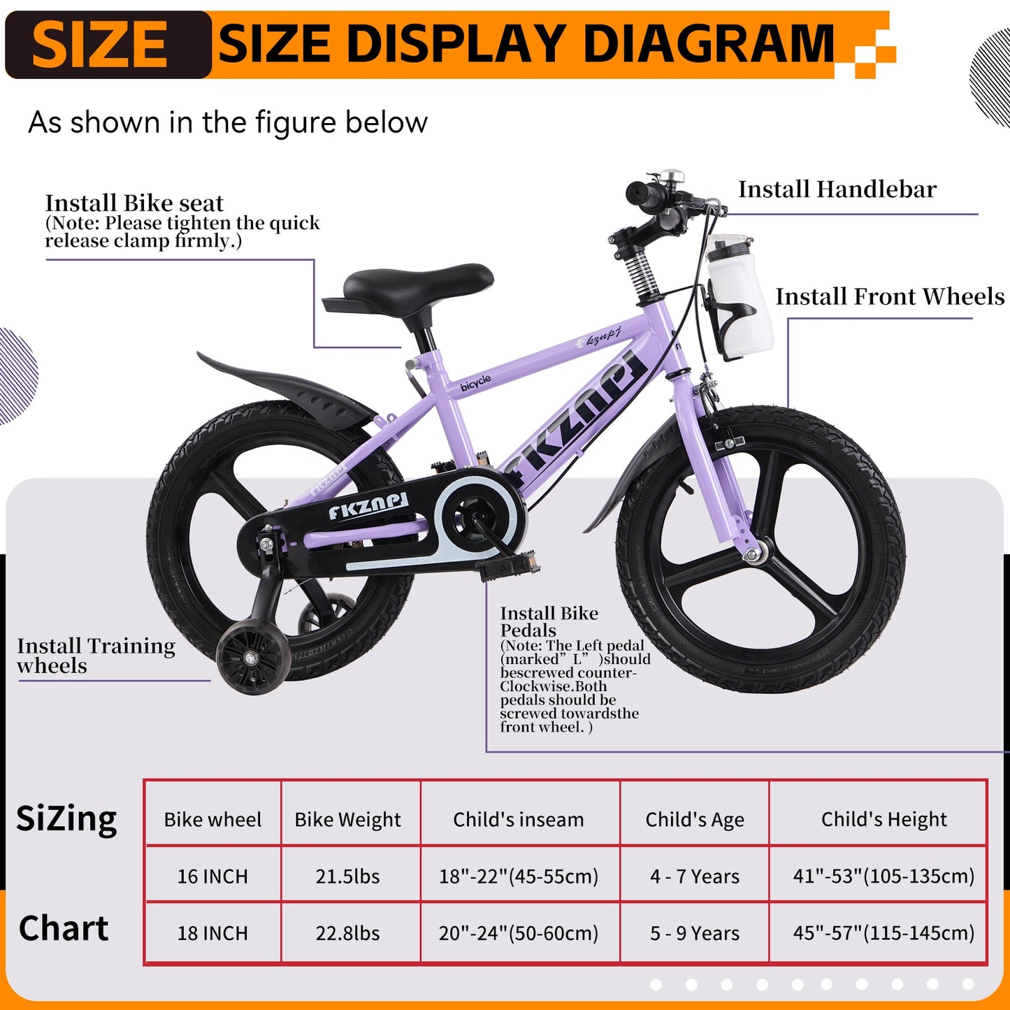 iRerts Kids Bike, 16 Inch Kids Bicycle for Boys Girls Ages 3-7, Toddlers Bike with Water Bottle Holder, Training Wheels with Night Glow, Adjustable Seat, Purple