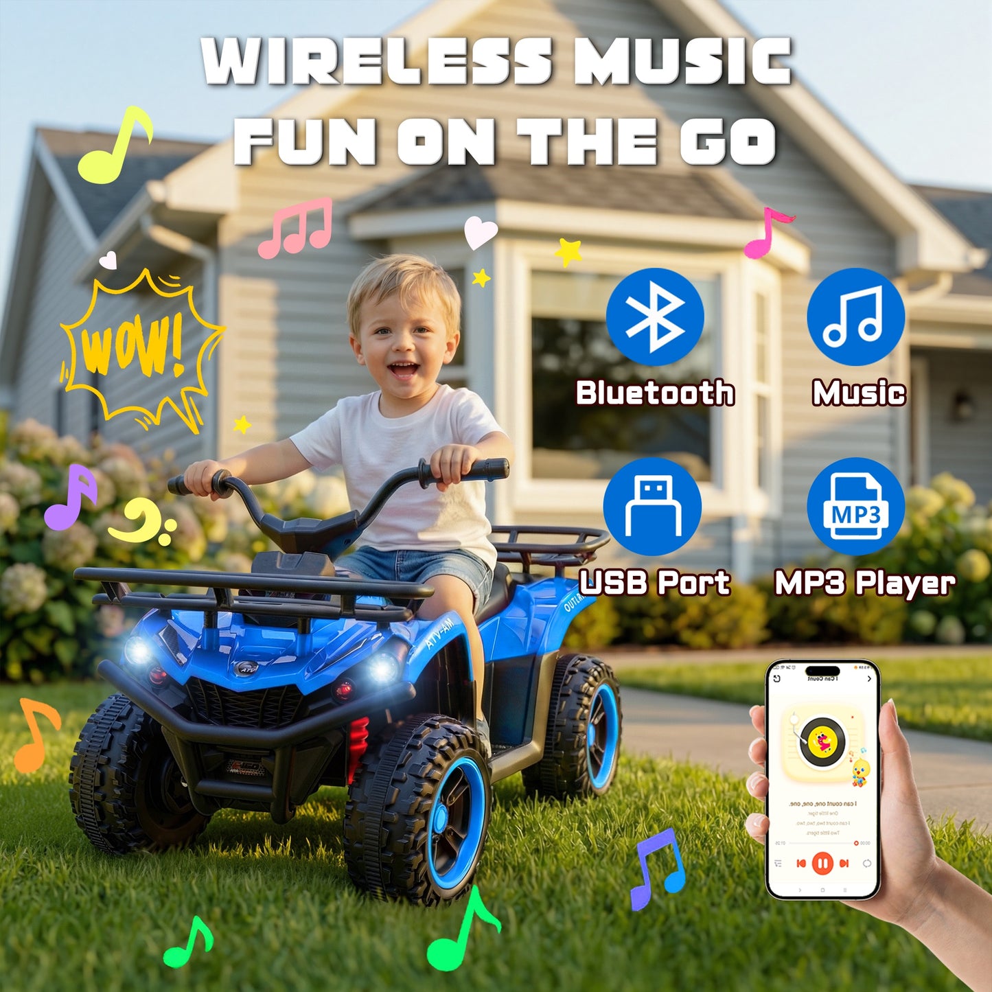 iRerts 24V Ride on ATV, Powered Ride on Toys for Kids Boys Girls Ages 3-5, Kids 4 Wheeler Electric Cars with Bluetooth, Music, LED Headlights, Front Rear Storage Racks, Crash Bars, Blue