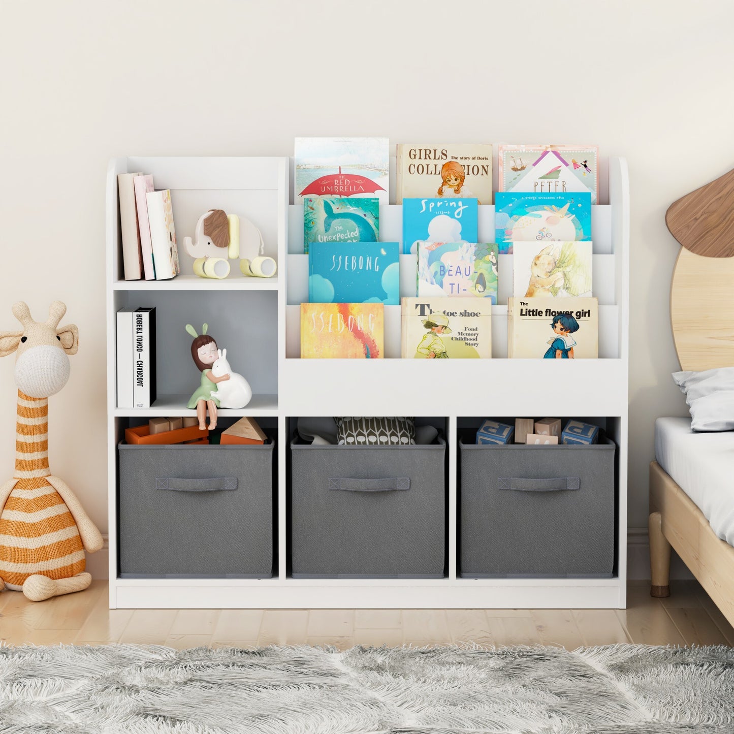 Kids Bookshelf and Toy Storage Organizer with 3 Drawers, Wooden Cube Bookcase for Children Toddlers with 4 Tier Book Display Shelf, for Kids Baby Room, Bedroom, Living Room, White