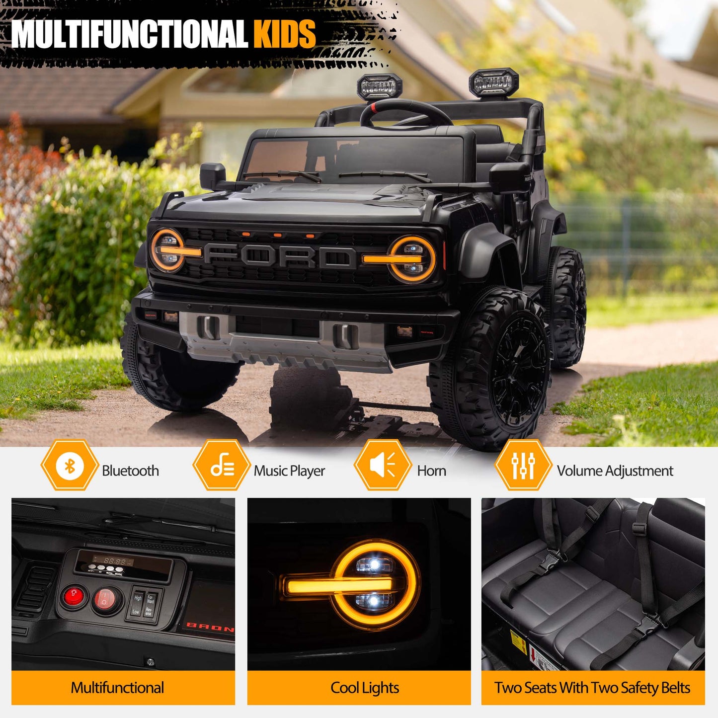 Ford Bronco Raptor 24V Ride on Toys, 2 Seater Ride on Cars with Remote Control, Bluetooth Music, Spring Suspension, Battery Powered Electric Car for Kids Ages 3-8, Black