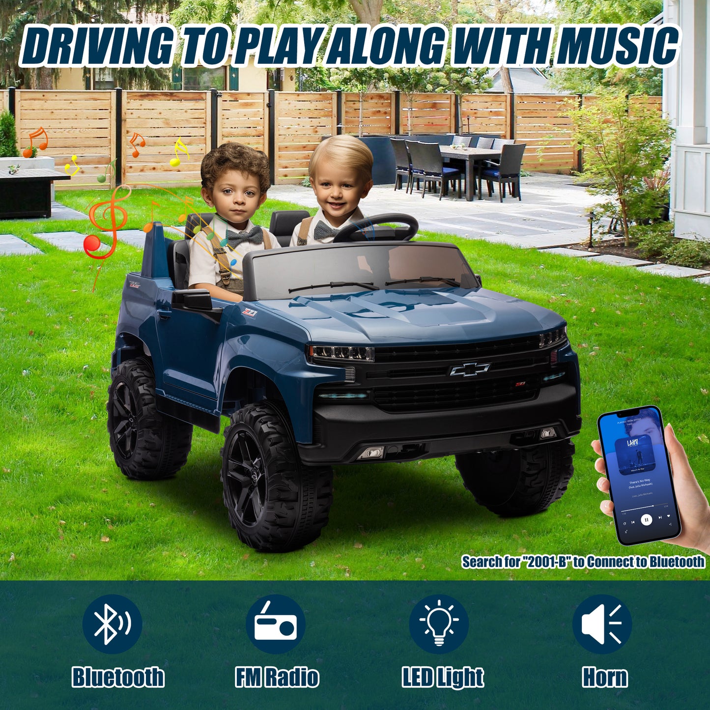 Chevrolet Silverado 24V Ride on Cars with Remote Control, 2 Seater 4 Wheels Kids Electric Cars with Bluetooth, LED Lights, Battery Powered Ride on Truck Toys for Boys Girls Christmas Gifts, Blue