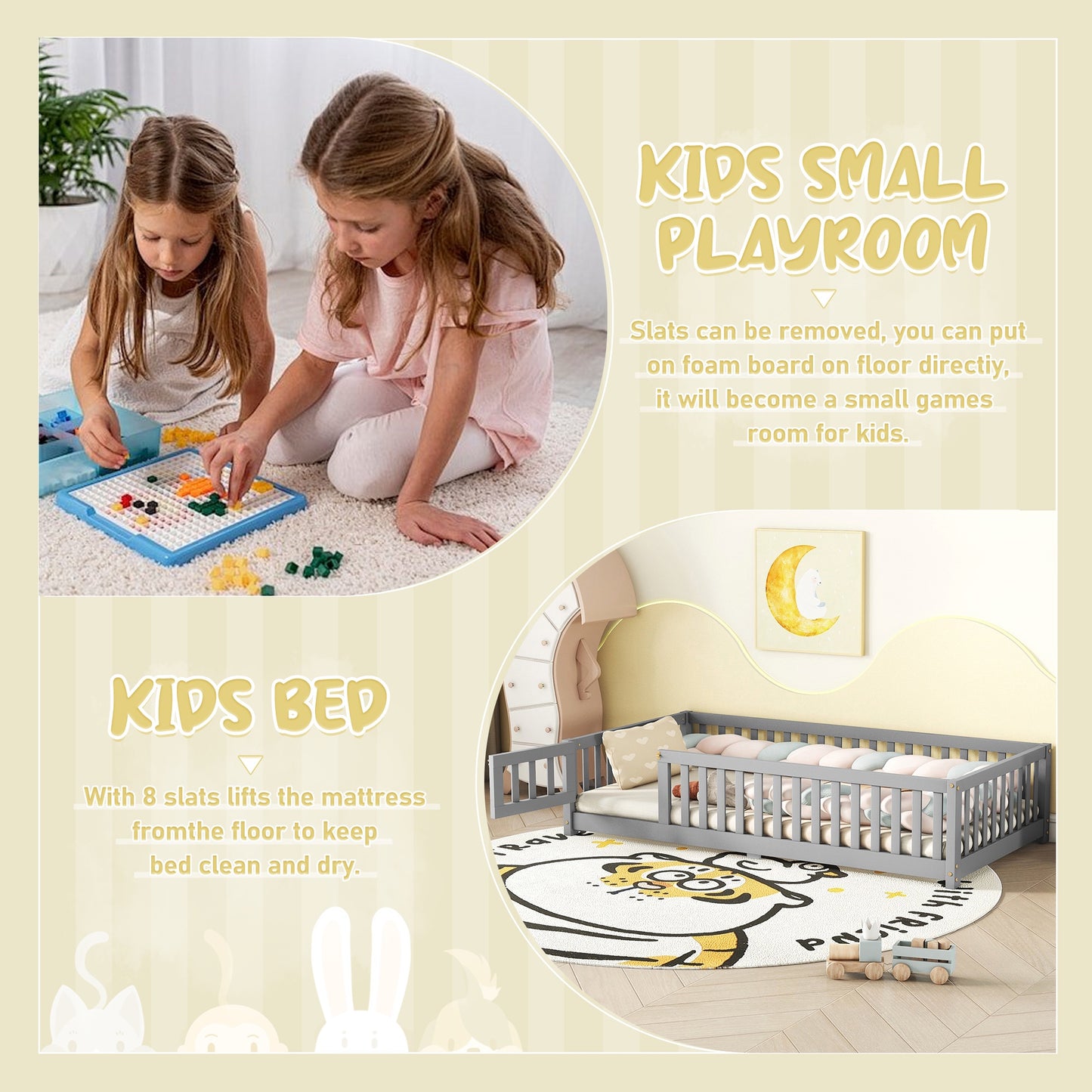 iRerts Twin Floor Bed Frame for Toddlers Kids, Wood Twin Montessori Bed Frame with Slats, Fence, Door, Kids Montessori Bed Twin Size, Twin Toddler Bed Frame for Boys Girls, Gray