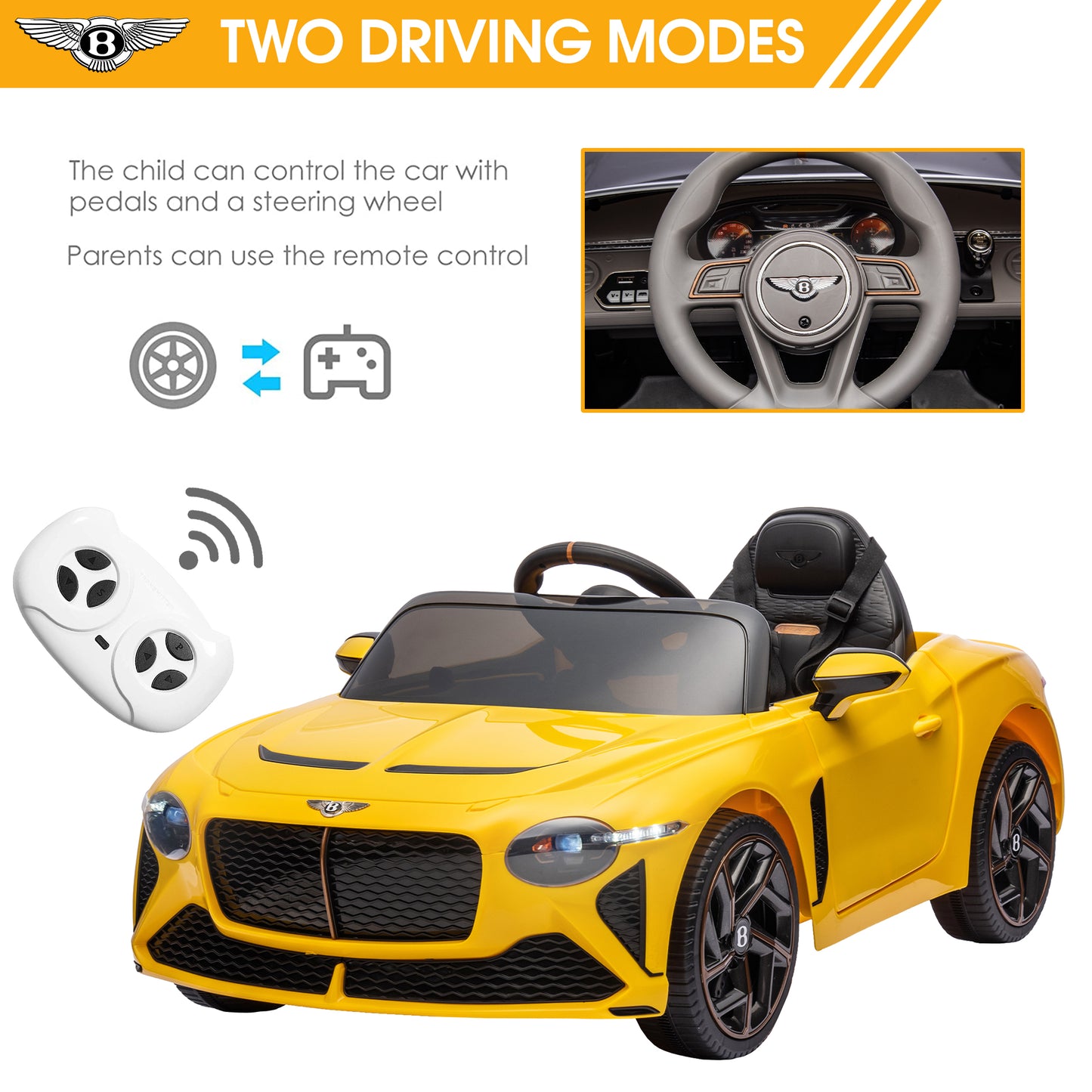 12V Ride On Car with Remote Control, Licensed Bentley Mulsanne Kids Electric Car with Bluetooth, Music, USB, MP3, LED Light, Battery Powered Electric Ride On Vehicle for Boy Girl Birthday Gift, Yellow
