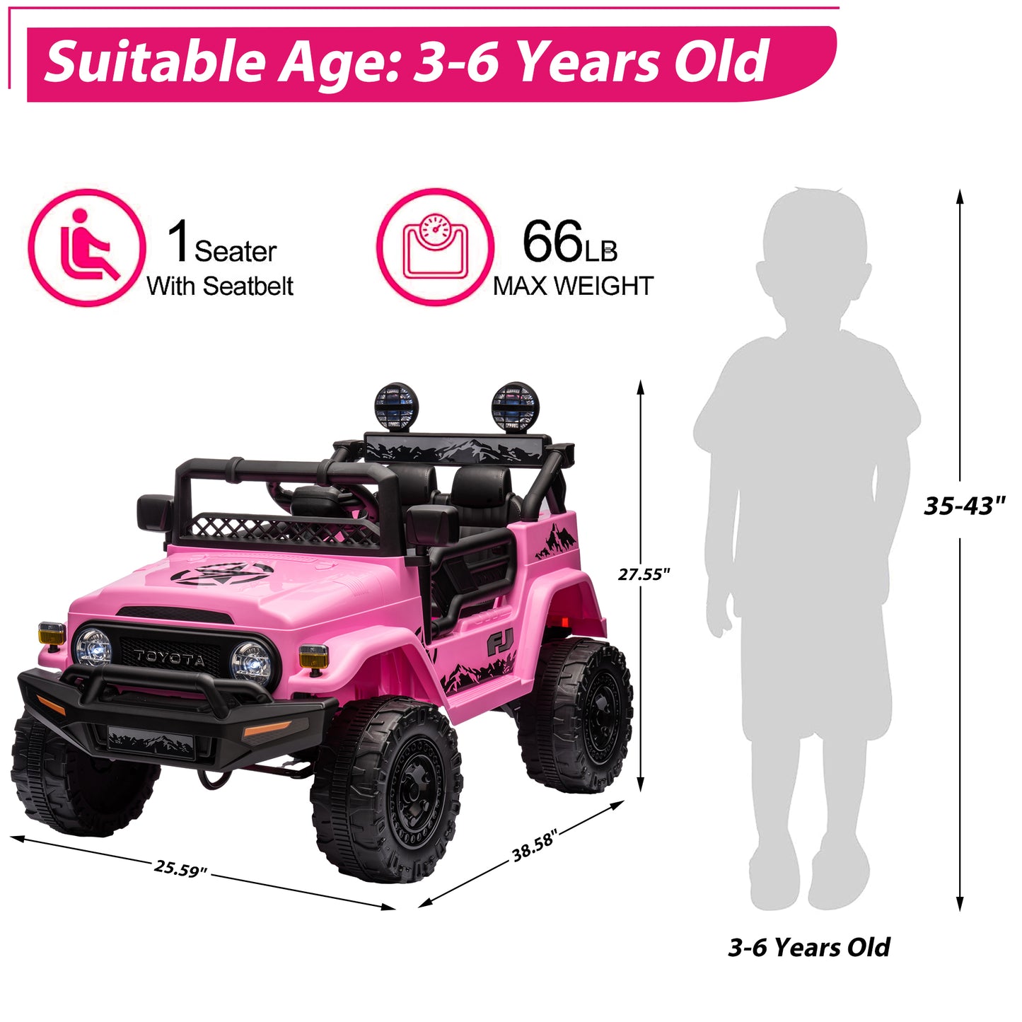 12V Ride on Cars with Remote Control, Licensed Toyota FJ Cruiser Ride on Trucks Vehicle with Bluetooth, Music, MP3/USB Port, Battery Powered Ride on Toys for Kids Boys Girls Birthday Gift, Pink