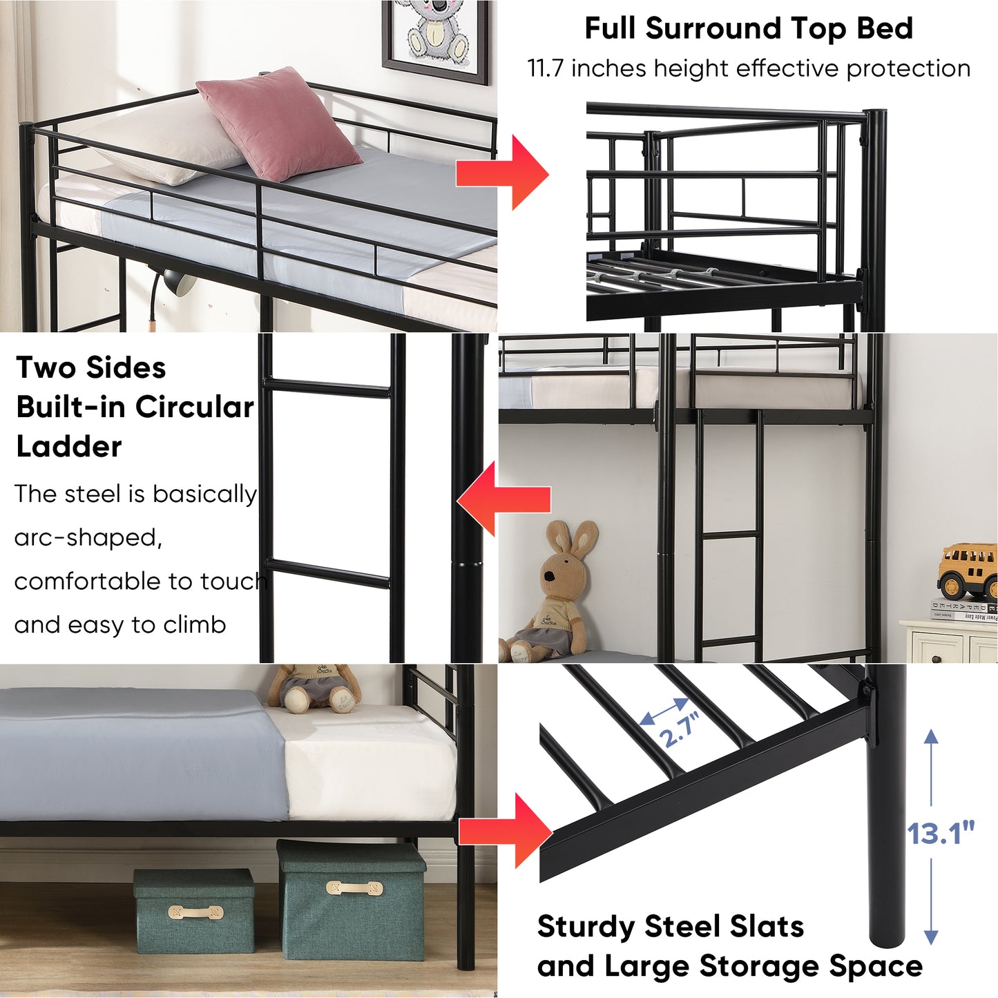 iRerts Metal Twin over Twin Bunk Bed, Convertible Bunk Beds Twin over Twin with 2 Ladders and Full-Length Guardrail, Modern Twin Bunk Beds for Adults Teens Kids Bedroom, No Box Spring Needed, Black