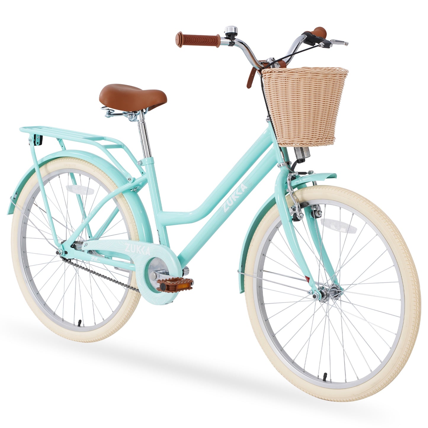iRerts Girls Bike for 10+ Years Old Kids, 24 Inch Bike with Basket, Brown Leather Saddle, Coaster Brakes, Retro Style Girls Bicycle Cycle Bikes, Women Bicycle for Gifts, Mint Green