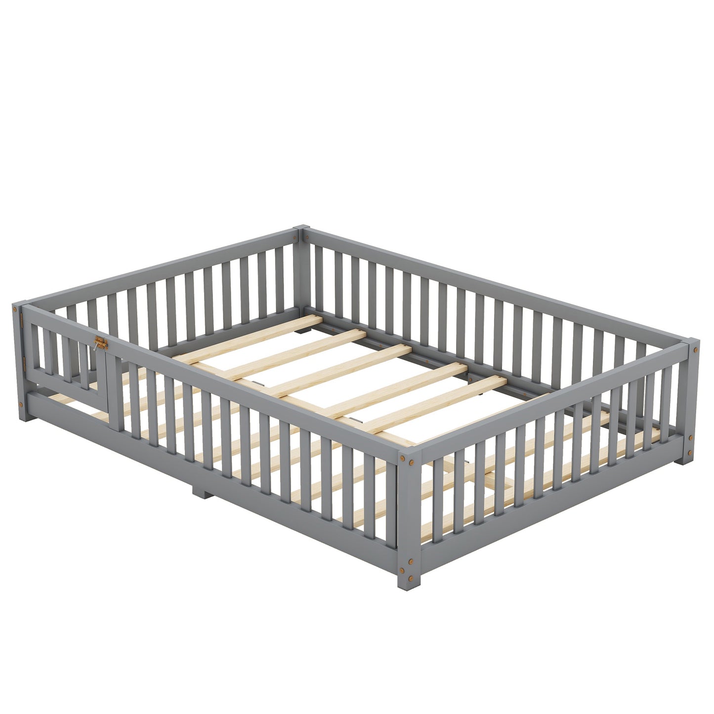 iRerts Full Floor Bed Frame for Toddlers Kids, Wood Full Montessori Bed Frame with Slats, Fence, Door, Kids Montessori Bed Full Size, Full Toddler Bed Frame for Boys Girls, Gray