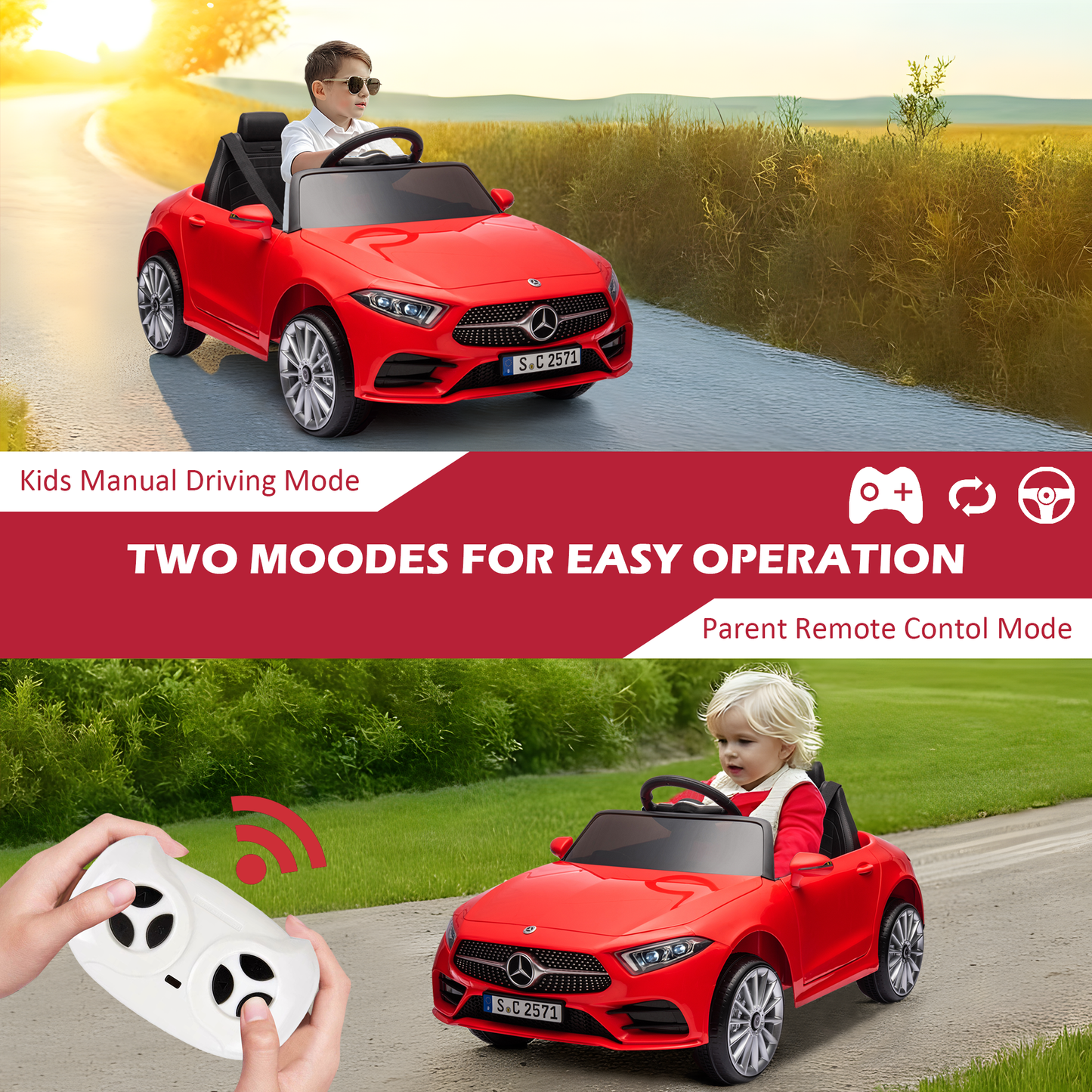 iRerts 12V Electric Ride On Cars for Boys Girls, Battery Powered Ride on Toys for Toddlers with Music, USB/AUX/SD Ports, LED Light, 4 Wheel Suspension, Electric Cars for Kids 3-6 Years Old Gift, Red