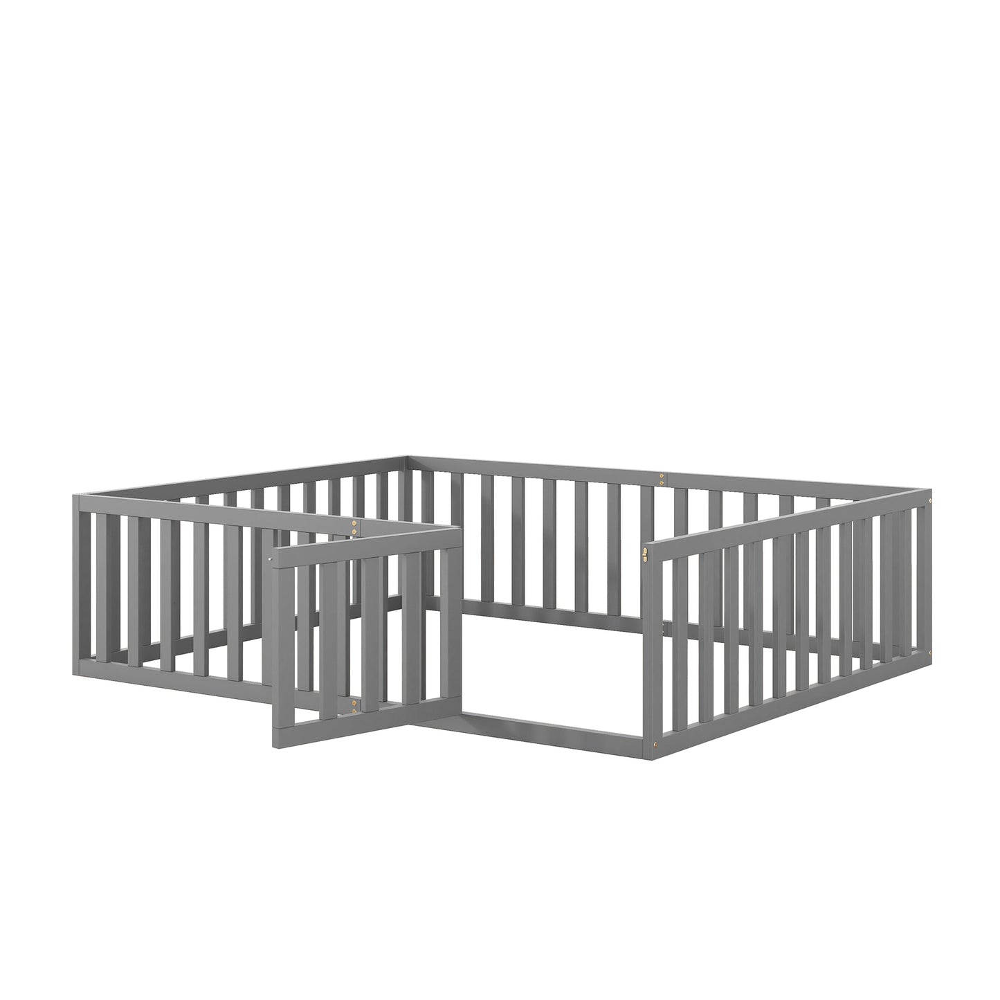 iRerts Queen Floor Bed Frame for Kids Toddlers, Wood Montessori Low Floor Queen Size Bed Frame with Fence Guardrail and Door, kids Queen Bed for Boys Girls, Spring Needed, Gray