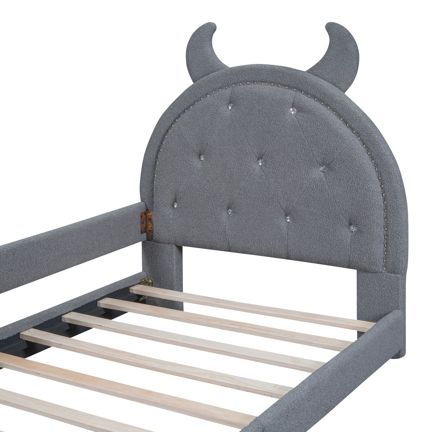 iRerts Twin Size Upholstered Daybed Frame for Kids, Teddy Fleece Twin Platform Bed Frame with OX Hor Shaped Headboard and Footboard, Wood Twin Size Sofa Bed for Girls Boys, Gray