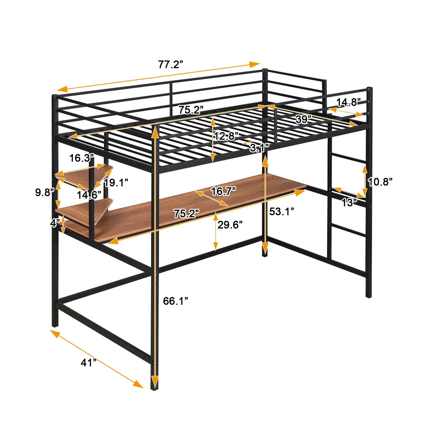 iRerts Loft Bed with Desk and Shelves, Metal Loft Bed Twin for Kids Teens Adult, Twin Size Loft Bed with Safety Guardrail, Modern Black Loft Bed Twin for Dorm Bedroom Guest Room, No Box Spring Needed