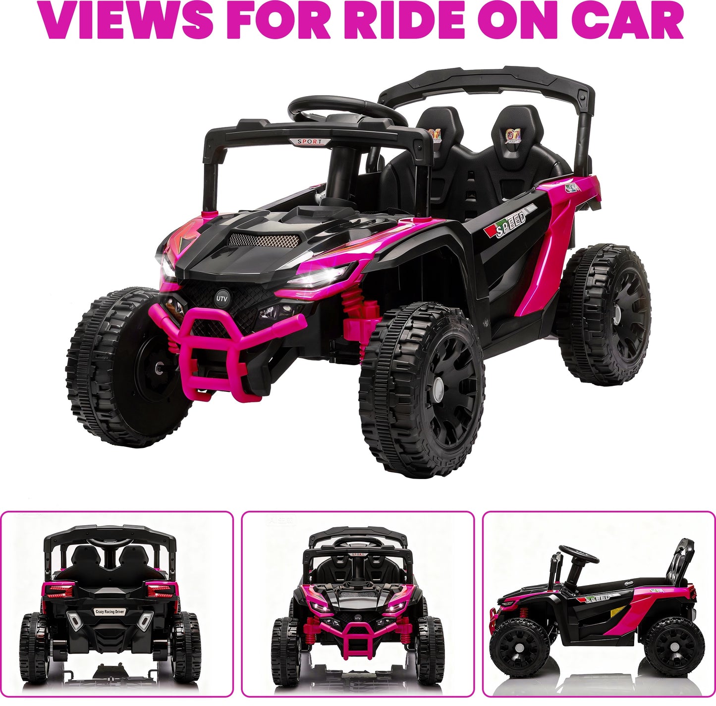 iRerts 24V Powered Ride on Car UTV, Kids Ride on Toys with Remote Control, Bluetooth, Music, 4 Wheels Suspension, LED Light, Kids Cars 4 Wheeler Electric Vehicles for Boys Girls Ages 3-5 Gifts, Pink