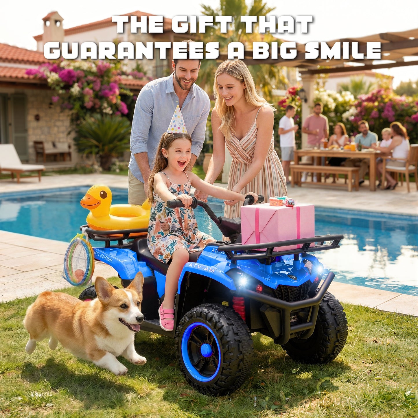 iRerts 24V Ride on ATV, Powered Ride on Toys for Kids Boys Girls Ages 3-5, Kids 4 Wheeler Electric Cars with Bluetooth, Music, LED Headlights, Front Rear Storage Racks, Crash Bars, Blue