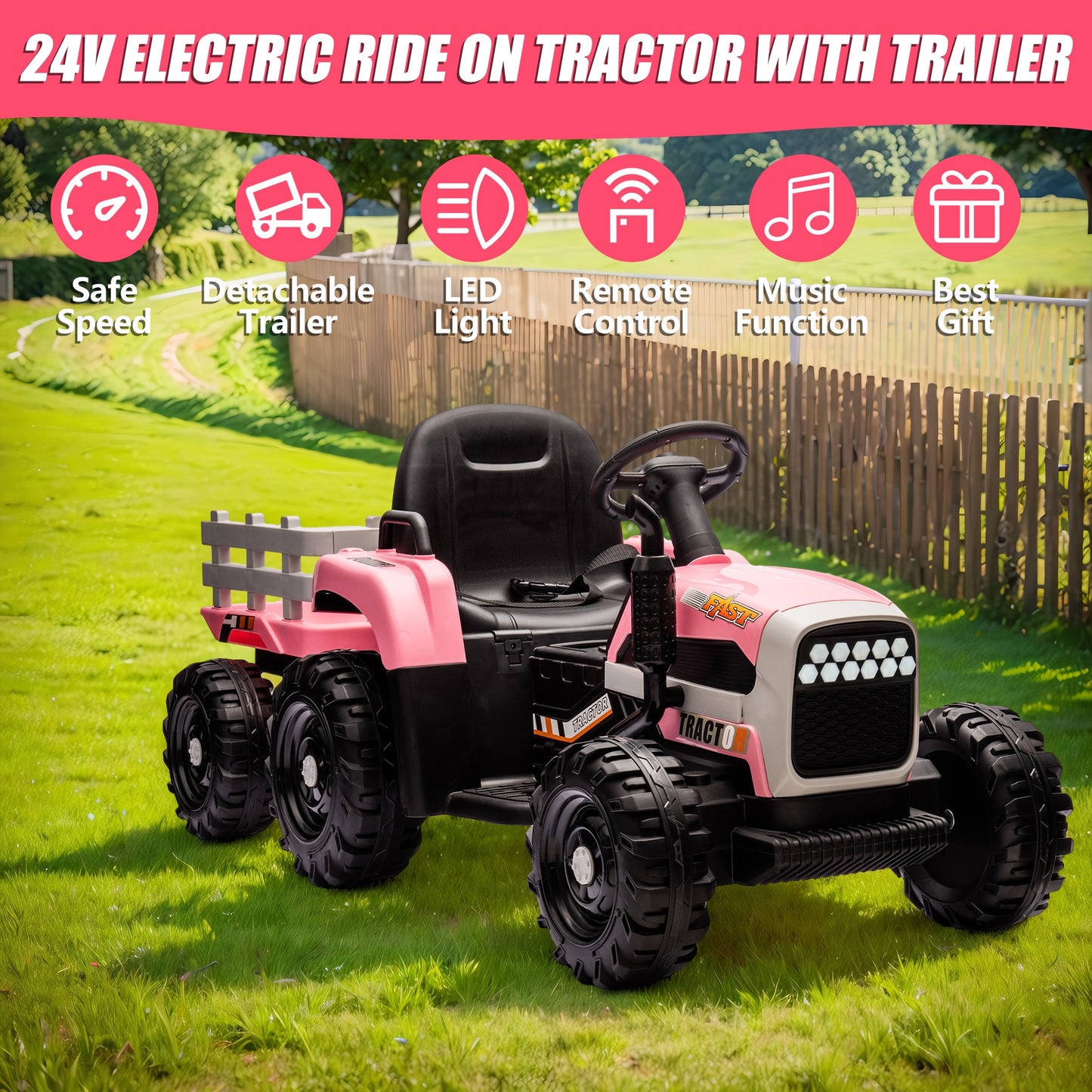 Powered Ride on Toy Tractor, 24V Kids Ride on Car with Remote Control, Electric Vehicles for Kids Toddlers 3-6 Years with 3 Speeds, Bluetooth, Music Player, LED Light, Rear Wheel Suspension, Pink
