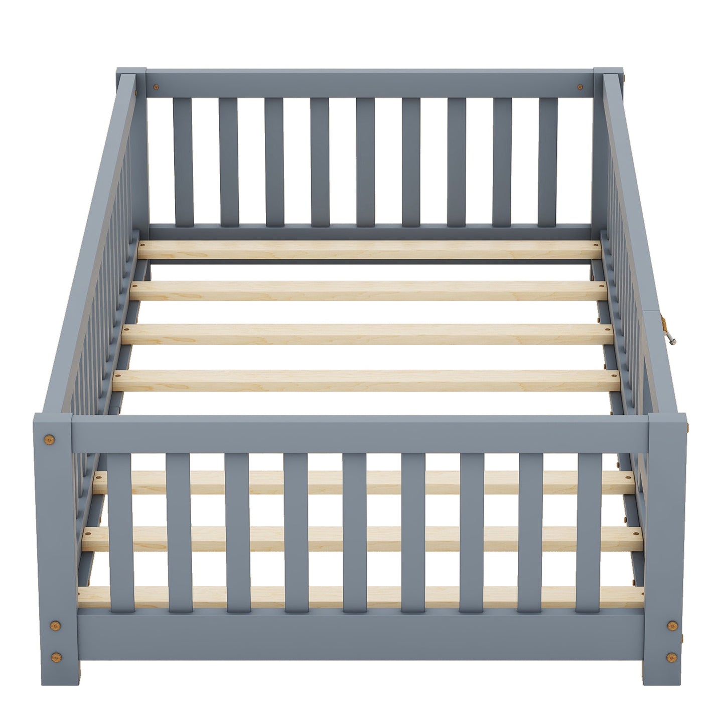 iRerts Twin Floor Bed Frame for Toddlers Kids, Wood Twin Montessori Bed Frame with Slats, Fence, Door, Kids Montessori Bed Twin Size, Twin Toddler Bed Frame for Boys Girls, Gray