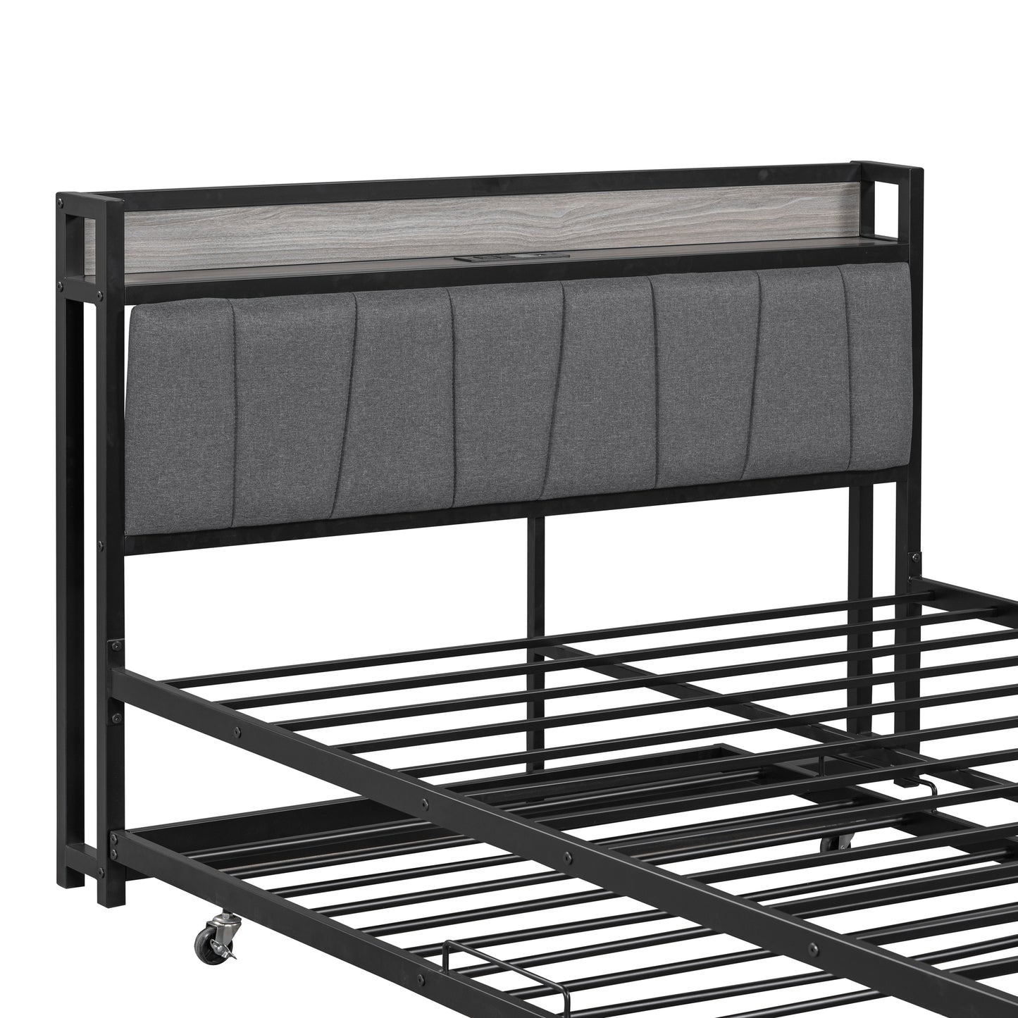 Full Size Metal Platform Bed Frame with Twin Size Trundle, Full Size Bed Frame with Upholstered Headboard, USB Ports, Steel Slat Support, Full Bed Frame No Box Spring Needed for Bedroom, Black