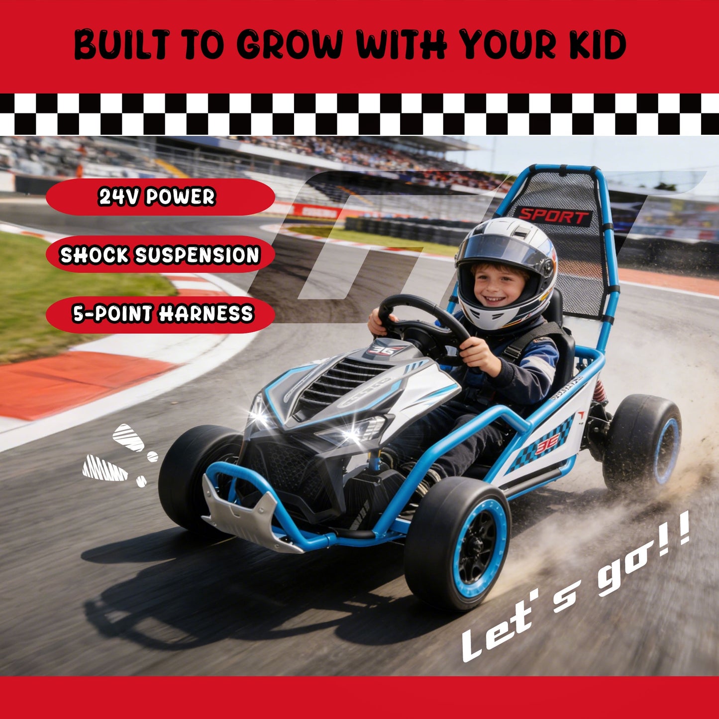 24V Powered Ride on Toys, iRerts Electric Go Kart with Drift Mode, Bluetooth Music, EVA Front Tires, Rear Wheel Suspension, Max Speed 7.5 MPH, Crazy Go Cart Electric Car for Kids 6-12 Ages,  Blue