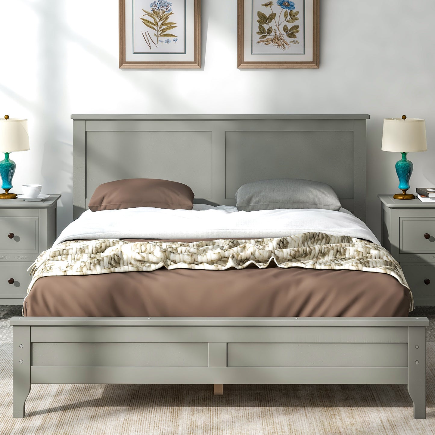iRerts Full Platform Bed Frame with Headboard and Footboard, Solid Wood Bed Frames Full Size with Slats Support, Oak Top, Modern Full Bed Frame No Box Spring Needed for Kids Adults, Gray