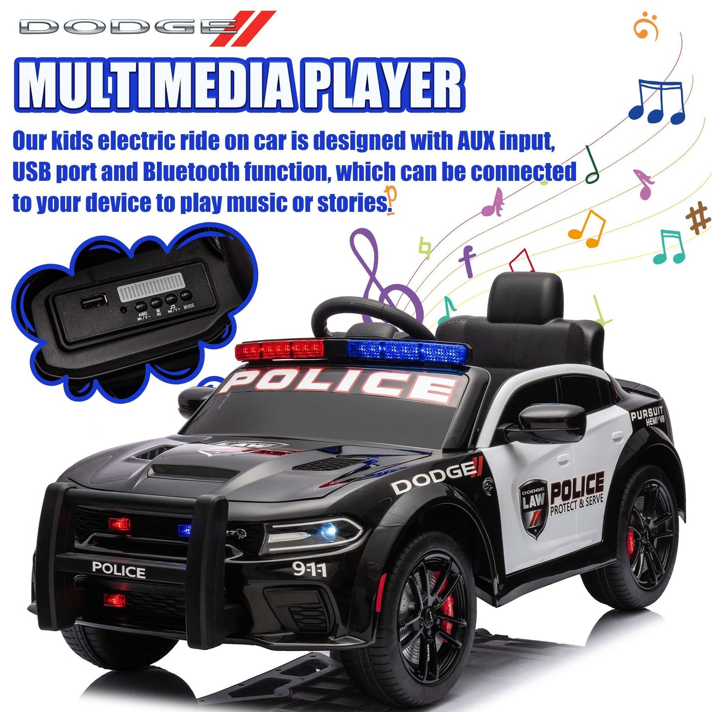 Dodge Charger 12V Ride on Police Cars, Battery Powered Ride on Toy Car with Remote Control for Boys Girls Gifts, Electric Car for Kids with Bluetooth, Music Player, LED Lights, 3 Speeds, Black