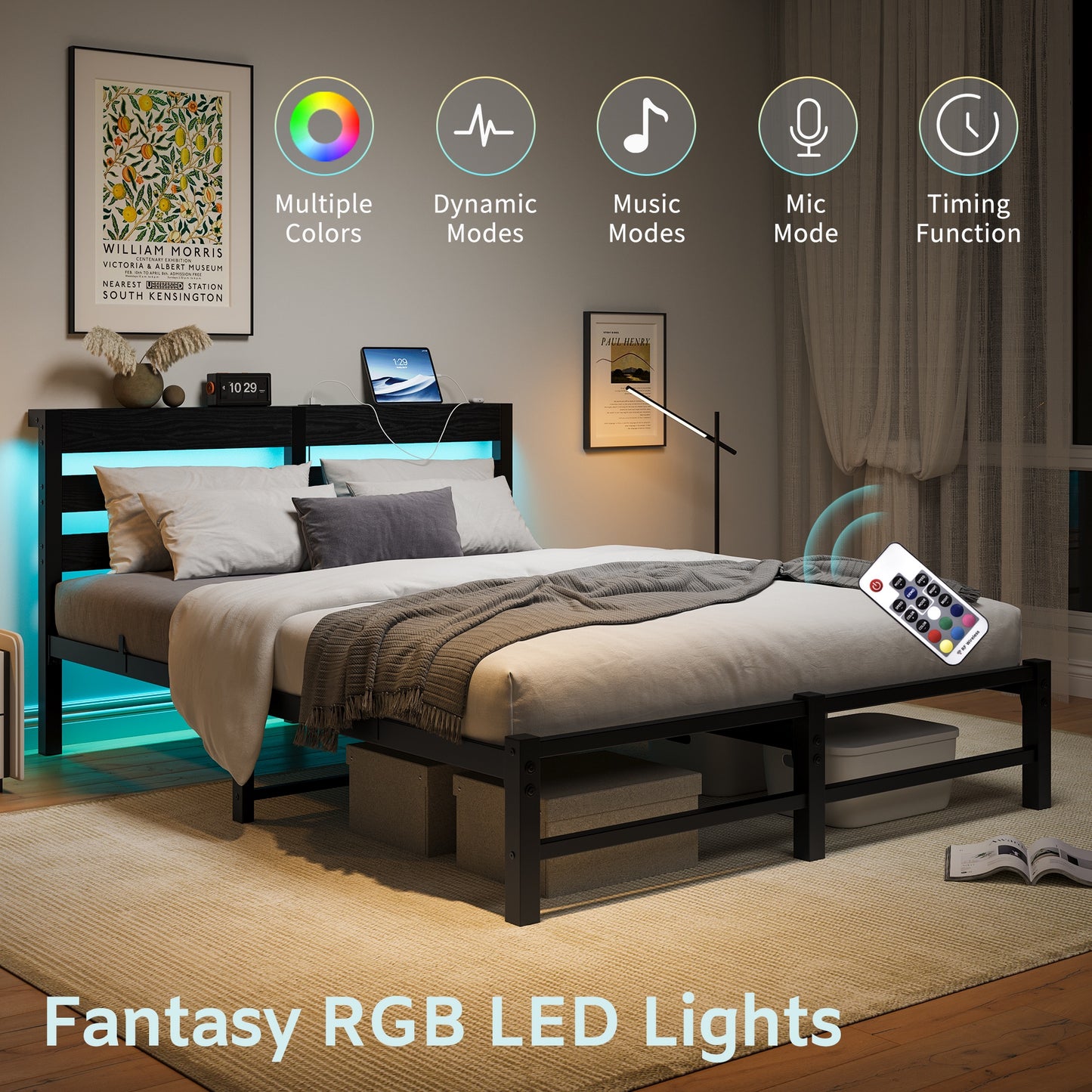 iRerts Queen Bed Frame with Headboard, Metal Platform Bed Frame Queen Size with USB Charging Station, LED Lights, Steel Slats, LED Bed Frame No Box Spring Needed for Bedroom Furniture, Black