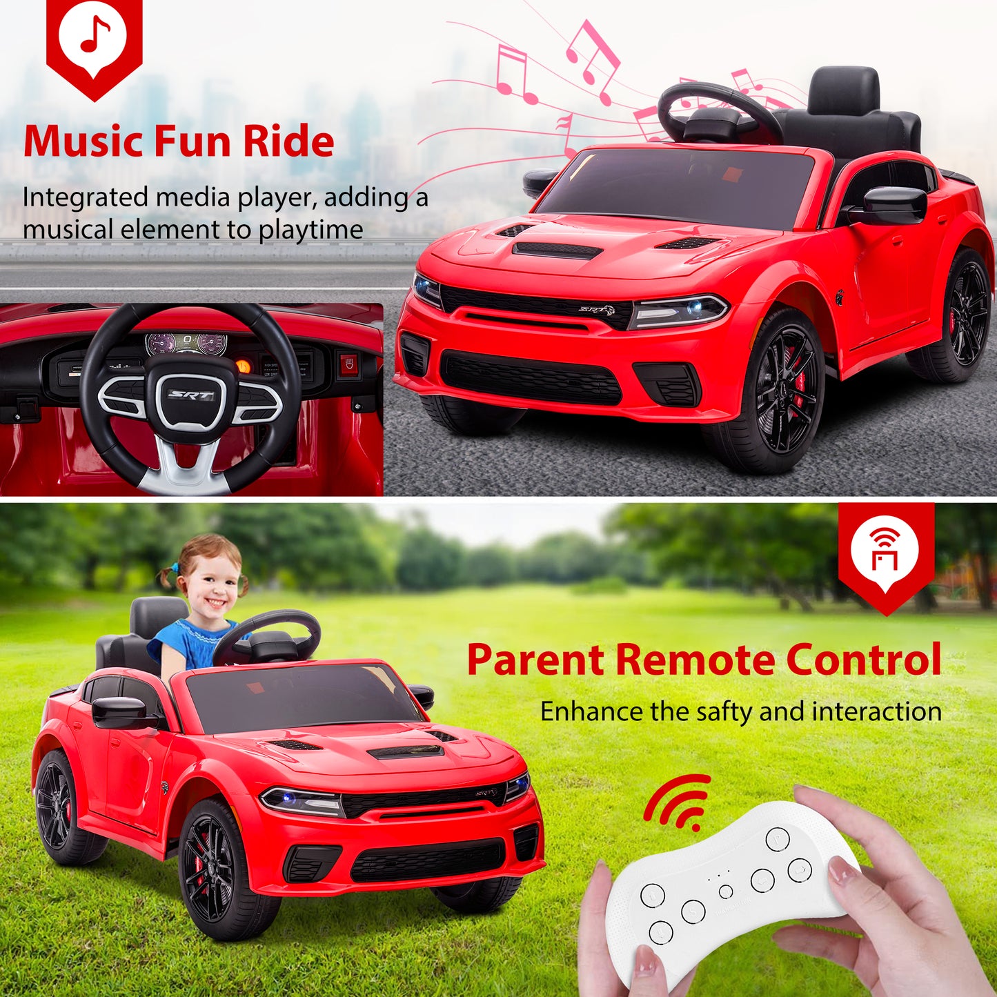 Dodge Charger 12V Ride On Cars with Remote Control, Ride On Vehicles for Kids with LED Light, Bluetooth, USB, MP3, Battery Powered Ride on Toys for Boys Girls 3-5 Years Old Birthday Gifts, Red
