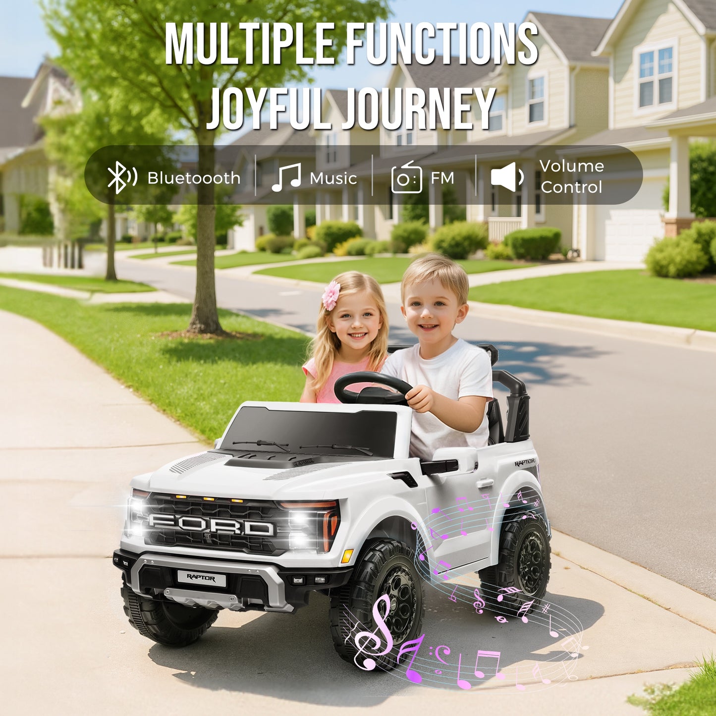 iRerts 24V Ride on Toys for Big Kids, Licensed Ford F 150 Raptor 2 Seater Ride on Cars with Remote Control, Bluetooth, FM Radio, LED Lights, 4 Wheels Suspension, Electric Car for Kids Ages 3-8, White