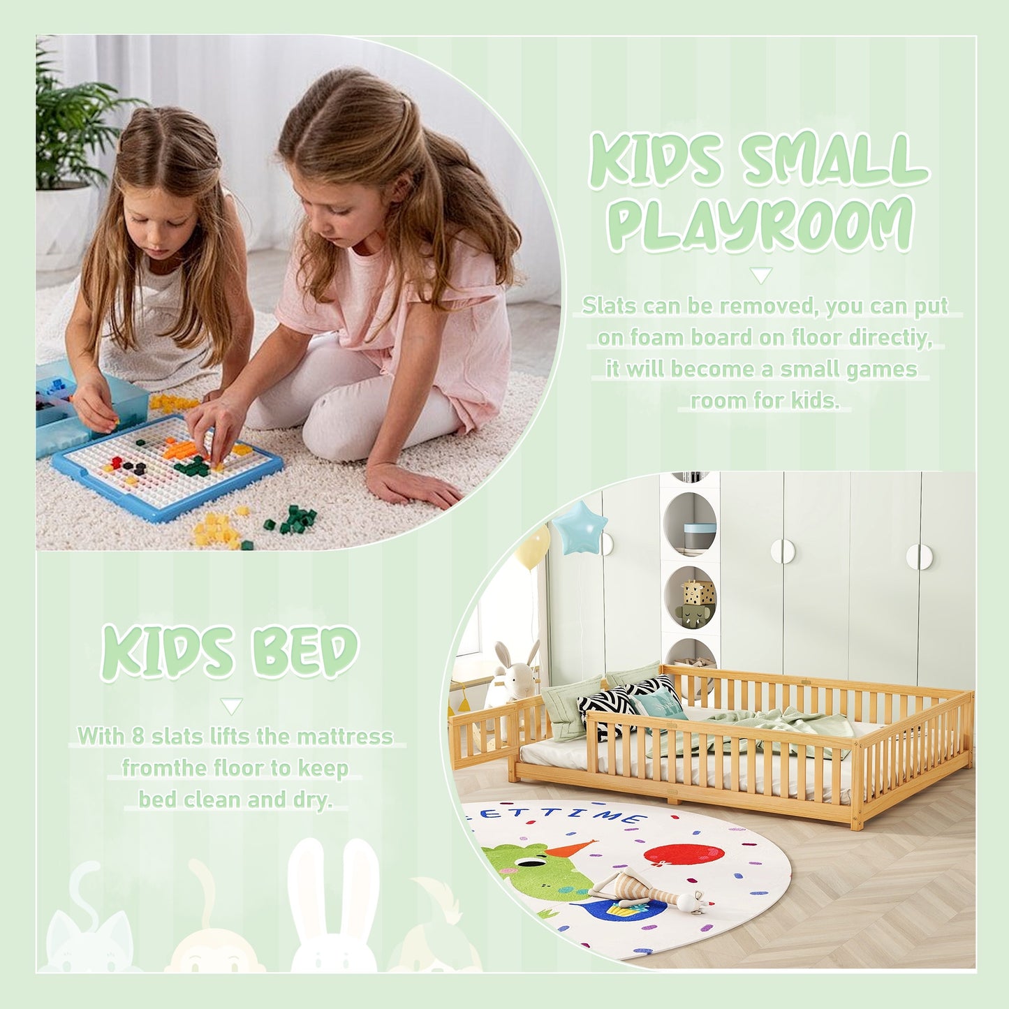 iRerts Queen Floor Bed Frame for Toddlers Kids, Wood Queen Montessori Bed Frame with Slats, Fence, Door, Kids Montessori Bed Queen Size, Queen Toddler Bed Frame for Boys Girls, Natural
