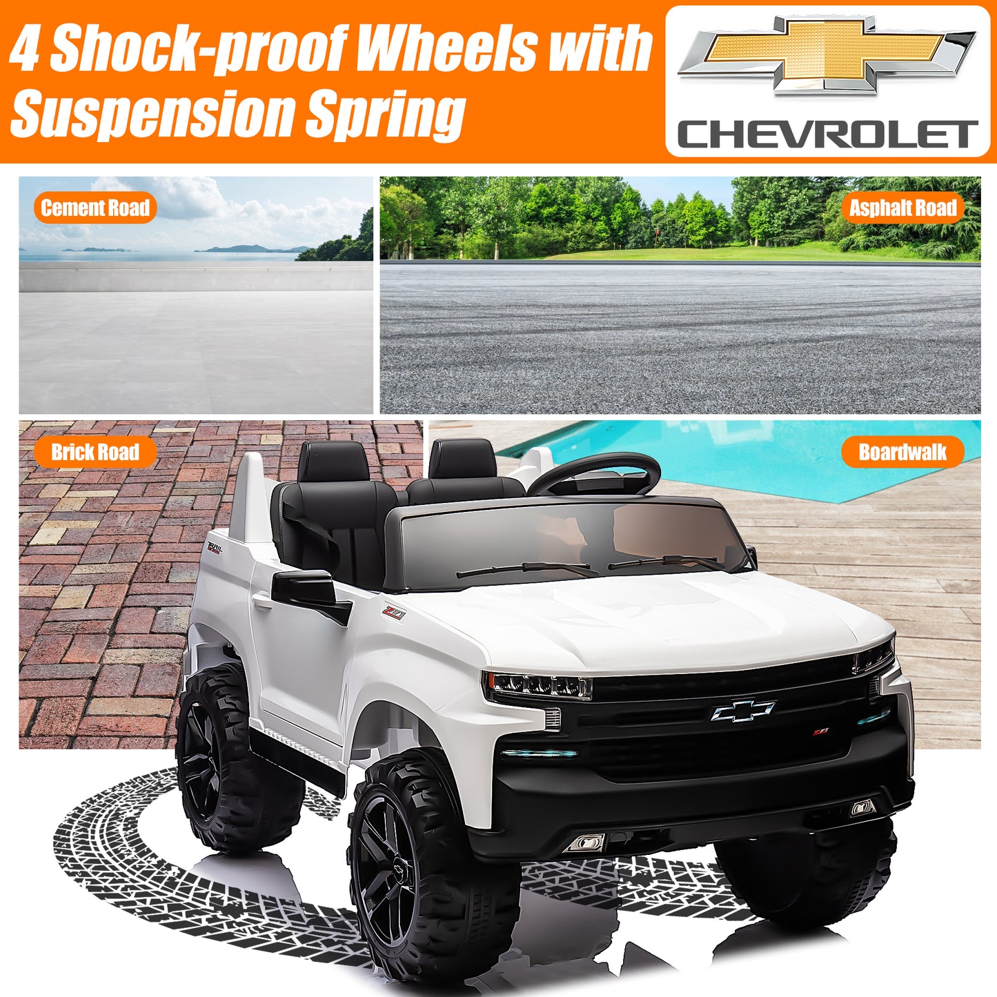 2 Seater 24V Ride on Cars with Remote Control, Licensed Chevrolet Silverado Kids Ride on Truck for Boys Girls Birthday Christmas Gifts, Battery Powered Kids Electric Cars with LED Lights, Music, White