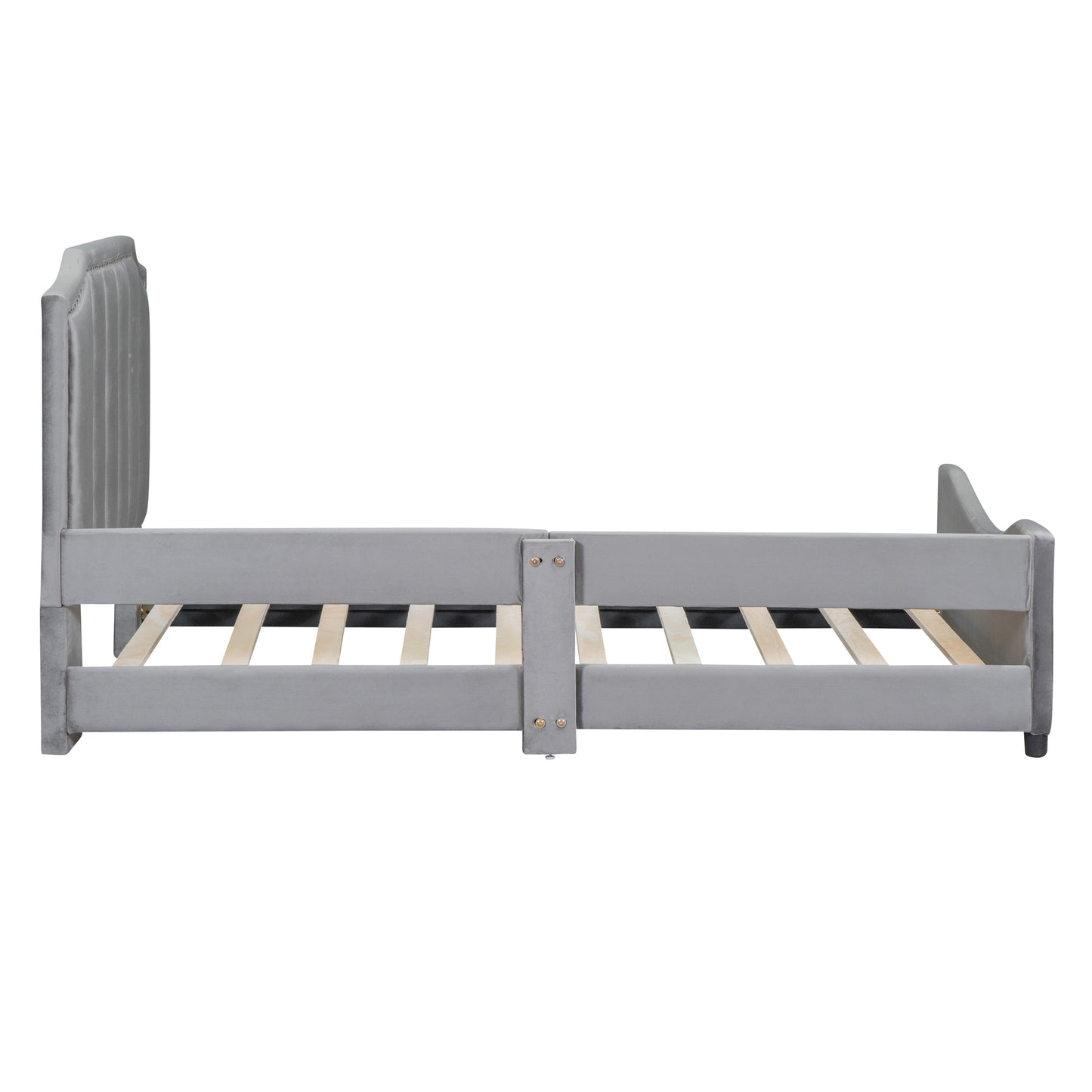 iRerts Upholstered Twin Platform Bed Frame, Velvet Twin Daybed Frame with Classic Stripe Shaped Headboard and Footboard, Wood Twin Size Sofa Bed for Kids Girls Boys, No Box Spring Needed, Gray