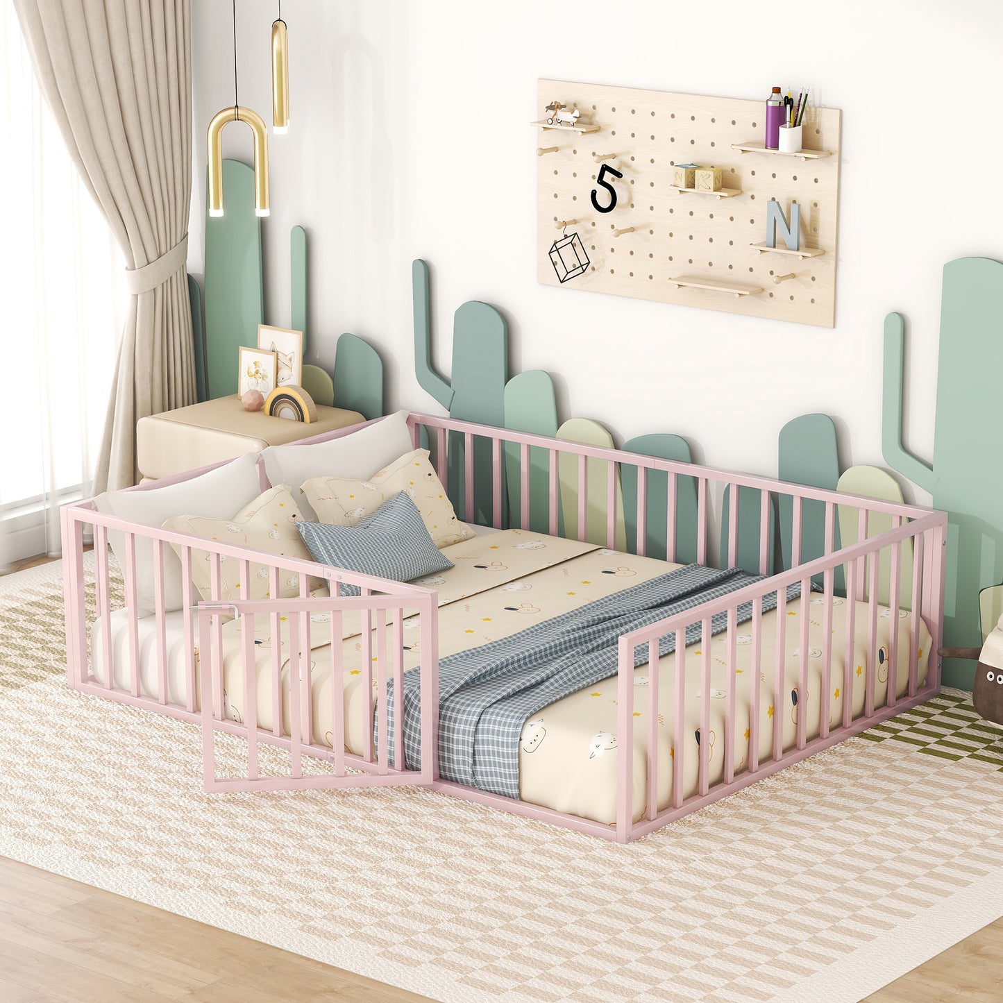 iRerts Queen Floor Bed Frame, Metal Queen Size Montessori Floor Bed Frame with Fence and Door, Kids Toddler Floor Bed Frame Queen Size for Girls Boys, Twin Bed Frame without Bed Slats, Pink