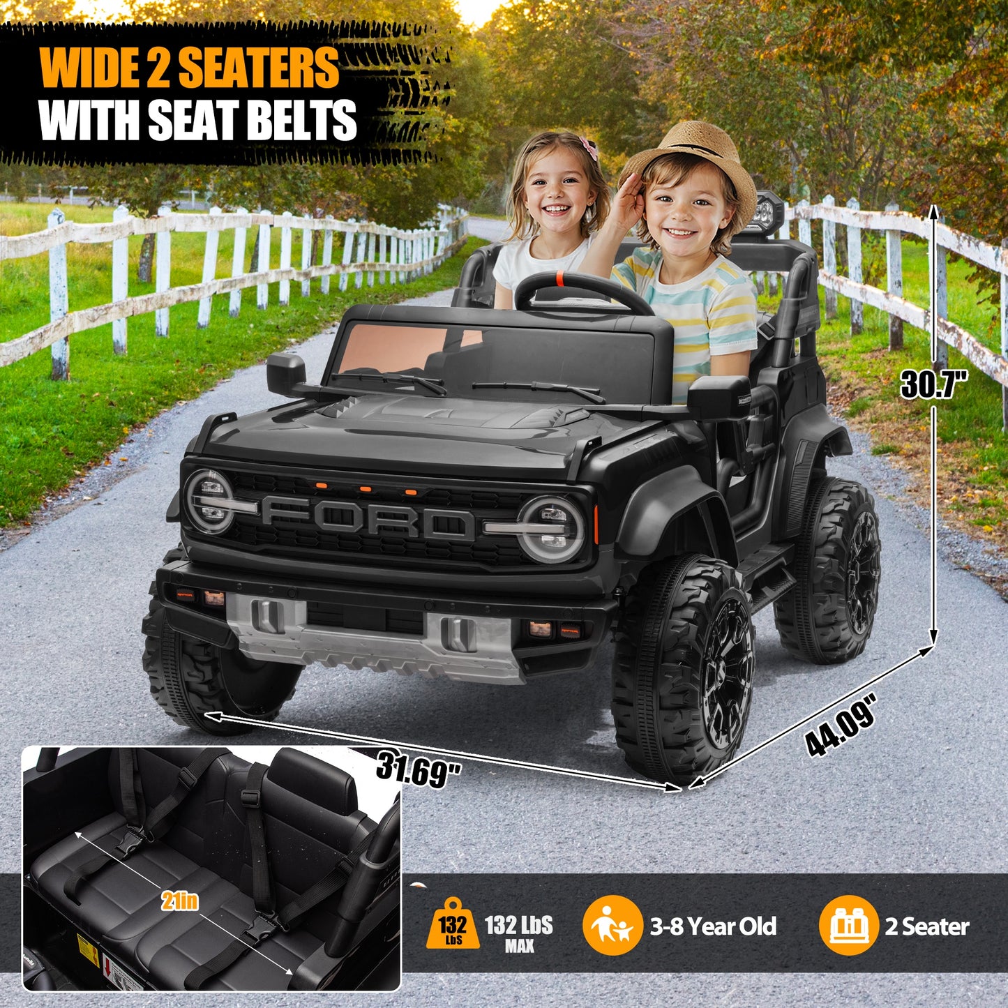 Ford Bronco Raptor 24V Ride on Toys, 2 Seater Ride on Cars with Remote Control, Bluetooth Music, Spring Suspension, Battery Powered Electric Car for Kids Ages 3-8, Black