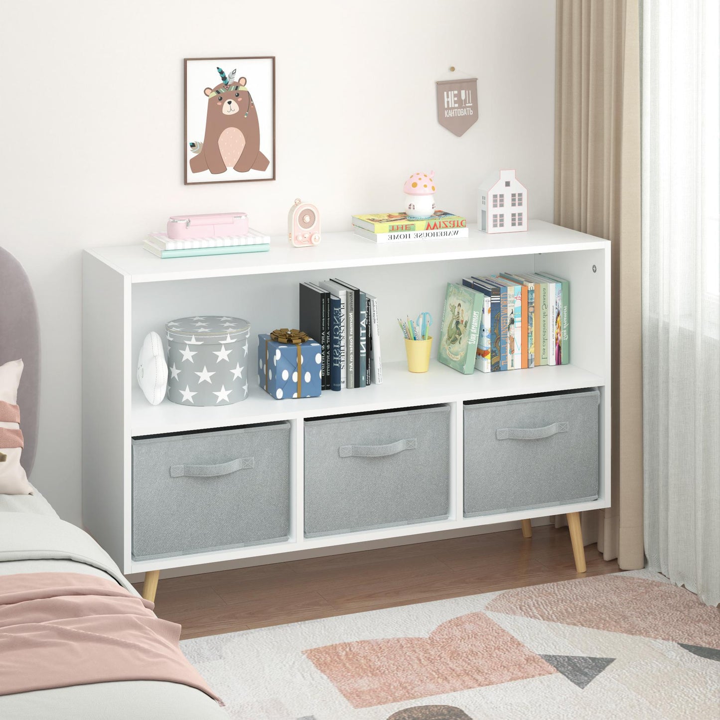 iRerts Kids Bookcase with Toy Storage Cabinet Toddler Bookshelf Wooden Book Shelf Organizer for Kids, Cubes Bookshelf for Boys and Girls