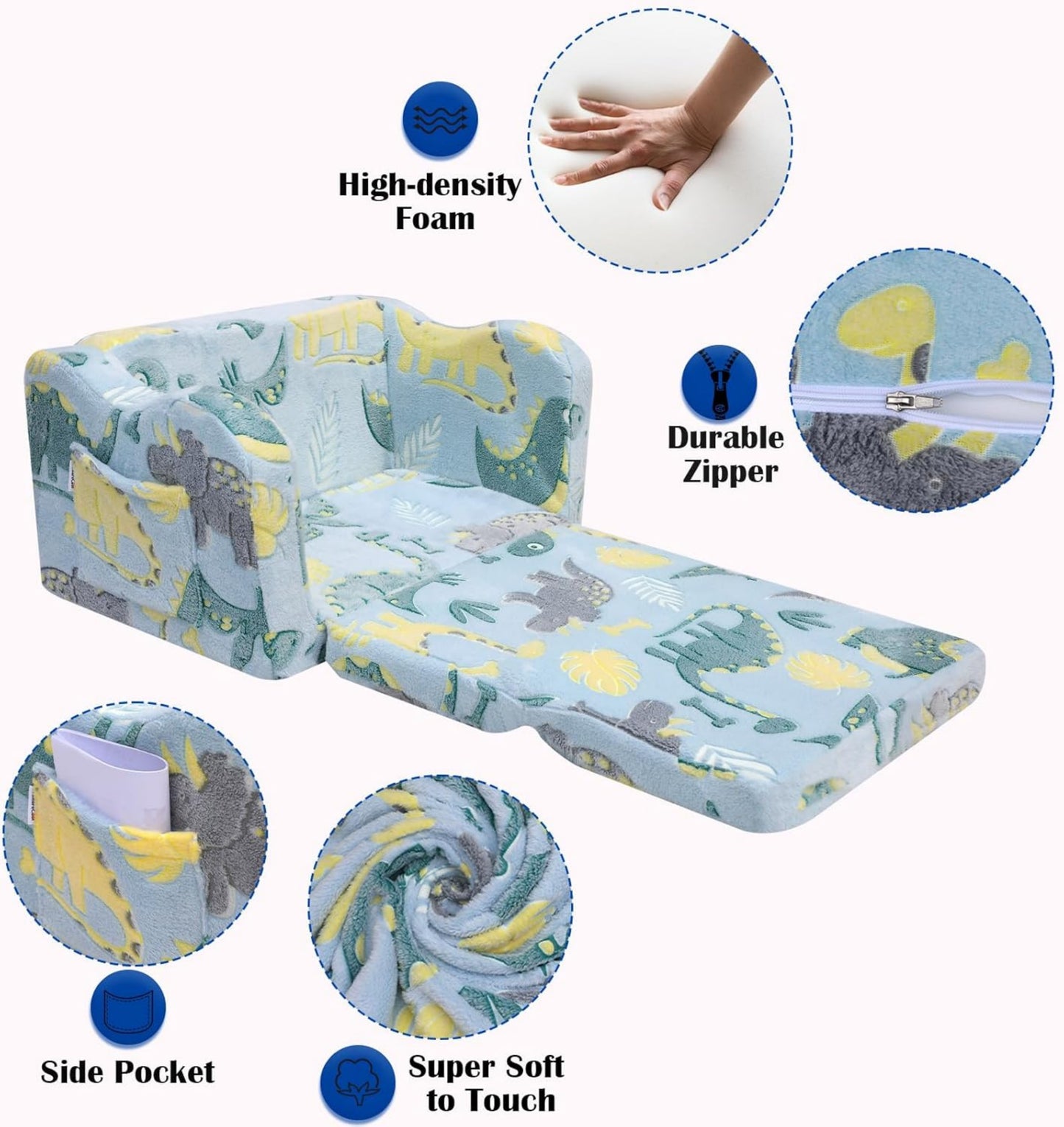 iRerts Kids Sofa, 2-in-1 Soft Toddler Couch Fold Out, Compression Modular Kids Sofa Convertible Sofa to Lounger, Kids Couch Foldable Kids Chair for Girls Boys Age 3-6, Blue