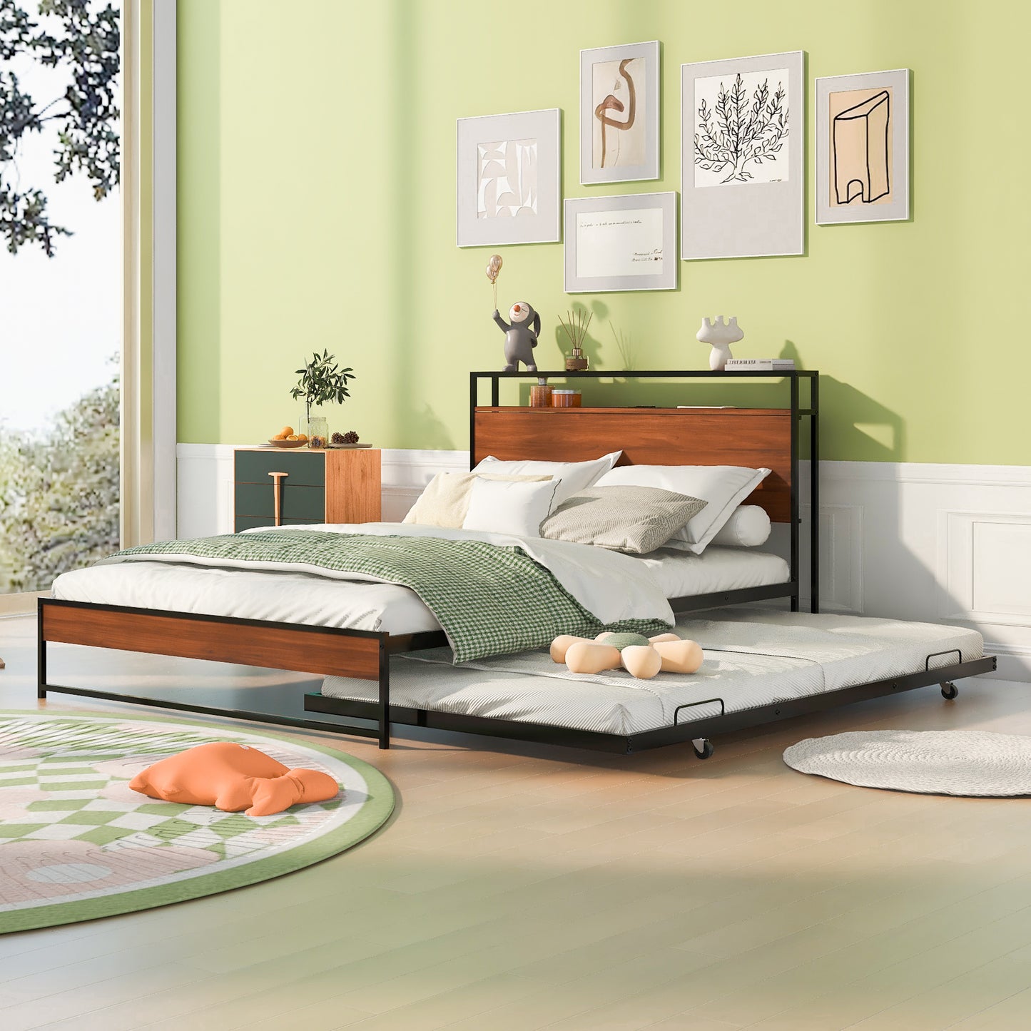 Full Size Metal Platform Bed Frame with Twin Size Trundle, Full Size Bed Frame with Storage Headboard, Outlet/USB Ports, Steel Slat Support, Full Bed Frame No Box Spring Needed for Bedroom, Black