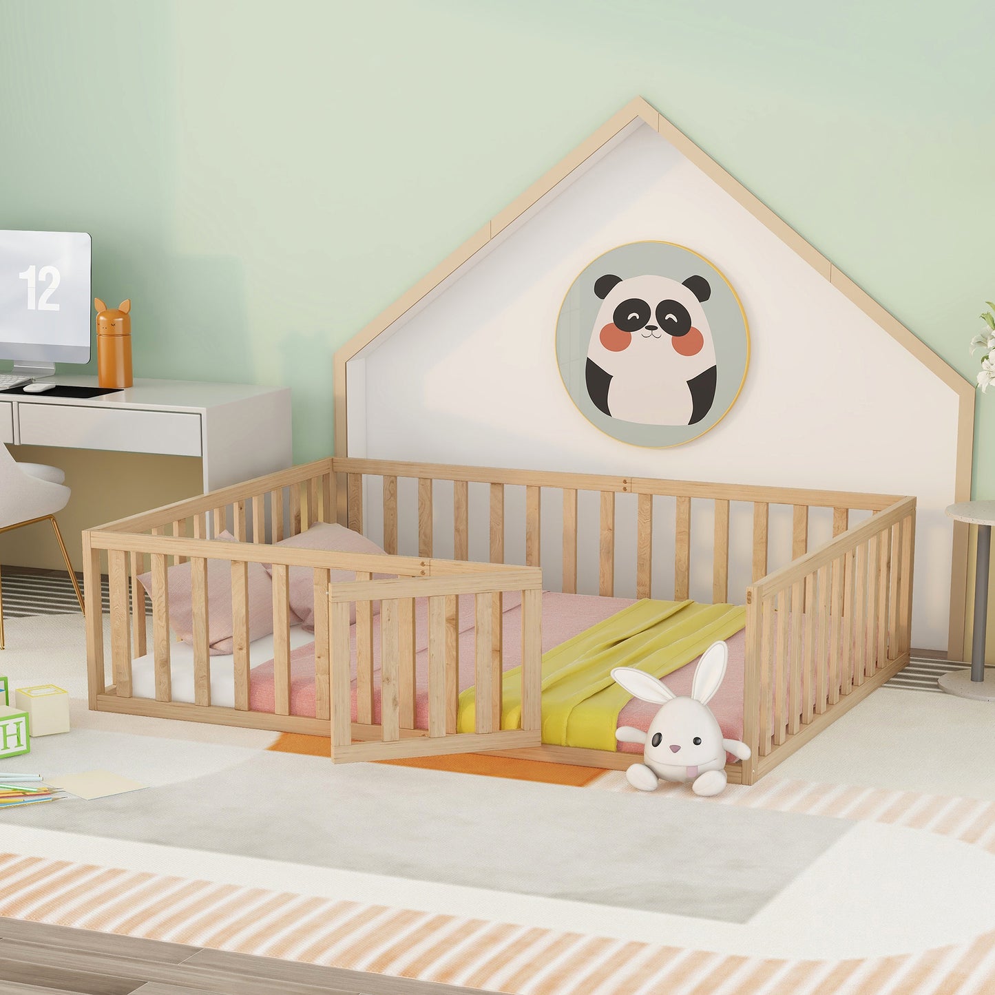 iRerts Queen Floor Bed Frame for Kids Toddlers, Wood Montessori Low Floor Queen Size Bed Frame with Fence Guardrail and Door, kids Queen Bed for Boys Girls, Spring Needed, Natural