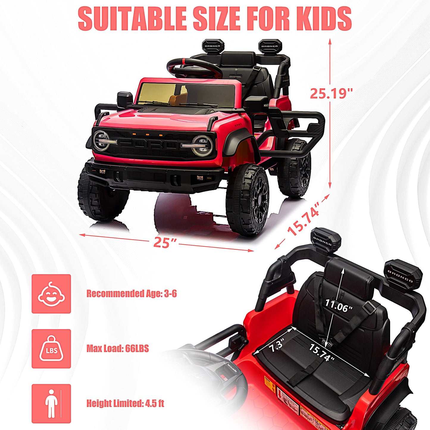 iRerts 12V Ride on Cars, Licensed Ford Bronco Raptor Toddlers Ride on Toys with Parental Remote Control, Bluetooth, FM Radio, LED Lights, Electric Car for Kids Boys Girls Ages 3-6,Red