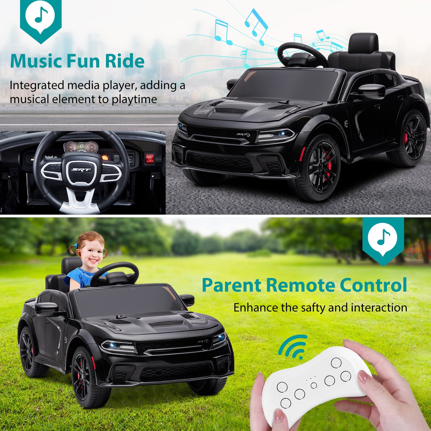 Dodge Charger 12V Ride On Cars with Remote Control, Ride On Vehicles for Kids with LED Light, Bluetooth, USB, MP3, Battery Powered Ride on Toys for Boys Girls 3-5 Years Old Birthday Gifts, Black