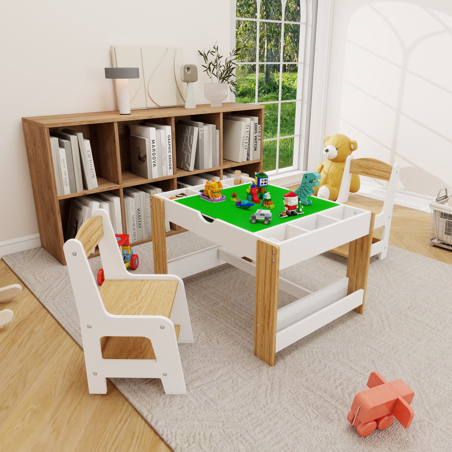 2 in 1 Kids Table Set, Kids Play Activity Table with Building Bricks, Whiteboard, Toy Organizer Compatible, Wood Building Block Desk for Drawing Reading Arts Crafts, White