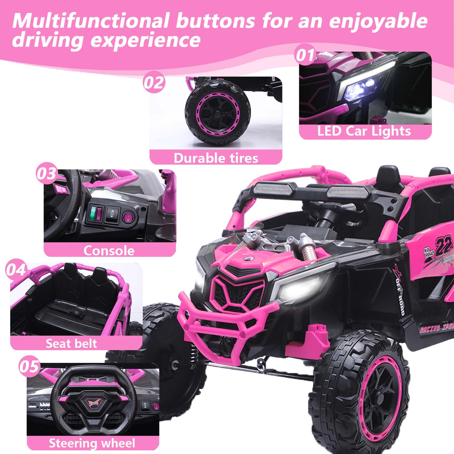 iRerts 24V Ride on Toys with Parents Remote Control, Ride on UTV Car with Bluetooth, MP3 Port, Music, LED Lights, 4 Shock Absorbers, Battery Powered Electric Car for Kids Ages 2-6, Magenta