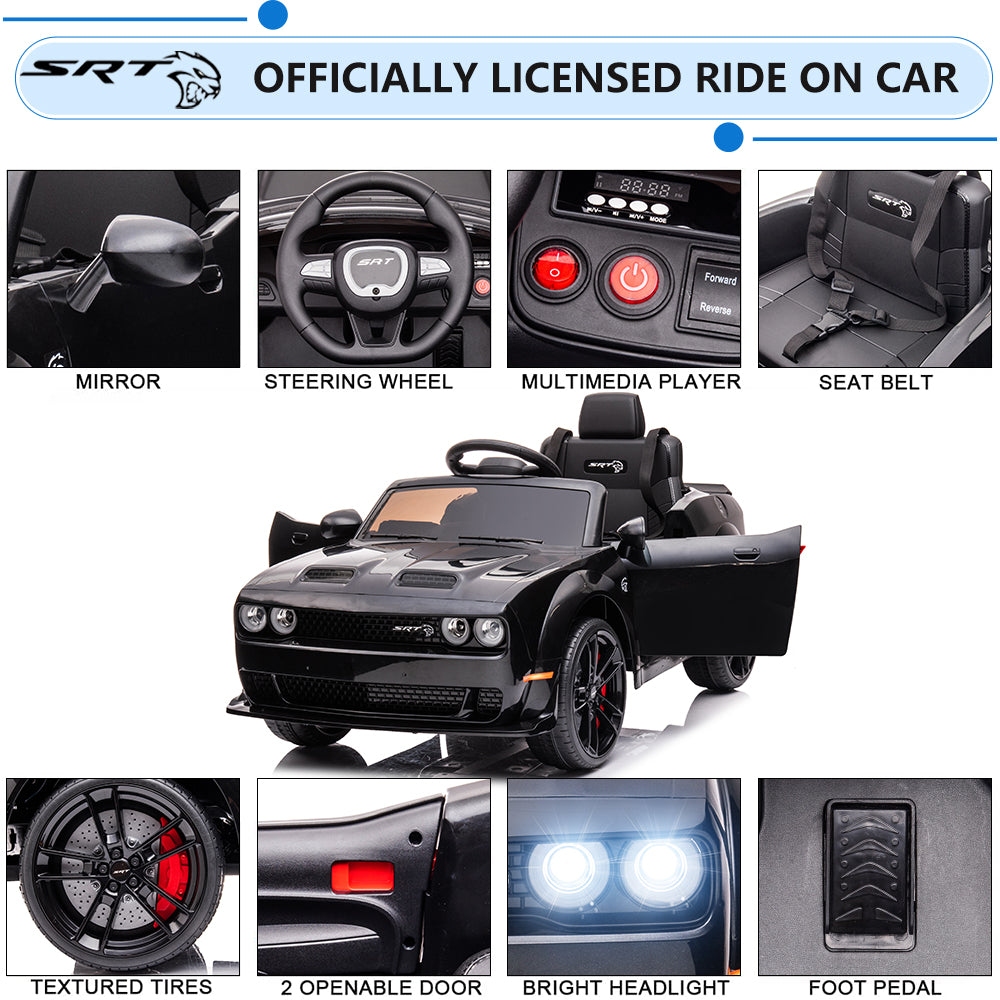 Dodge Challenger 12V Ride On Cars with Remote Control, kids Electric Car with Bluetooth, LED Light, USB, MP3, Battery Powered Ride on Toys for 3-5 Years Old Kids Boys Girls Birthday Gifts, Black