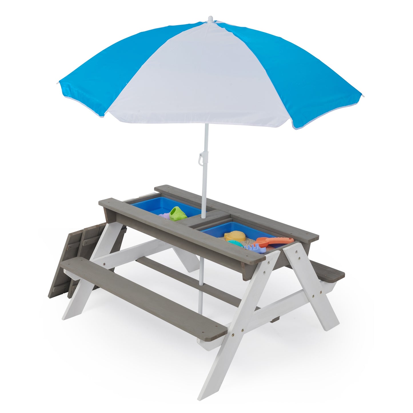Kids Outdoor Picnic Table Set with Bench, 3 in 1 Sand and Water Activity Table Outdoor Convertible Picnic Table with Umbrella, Removable Tabletop, Play Boxes, Kids Table and Chair Set for Patio, Gray