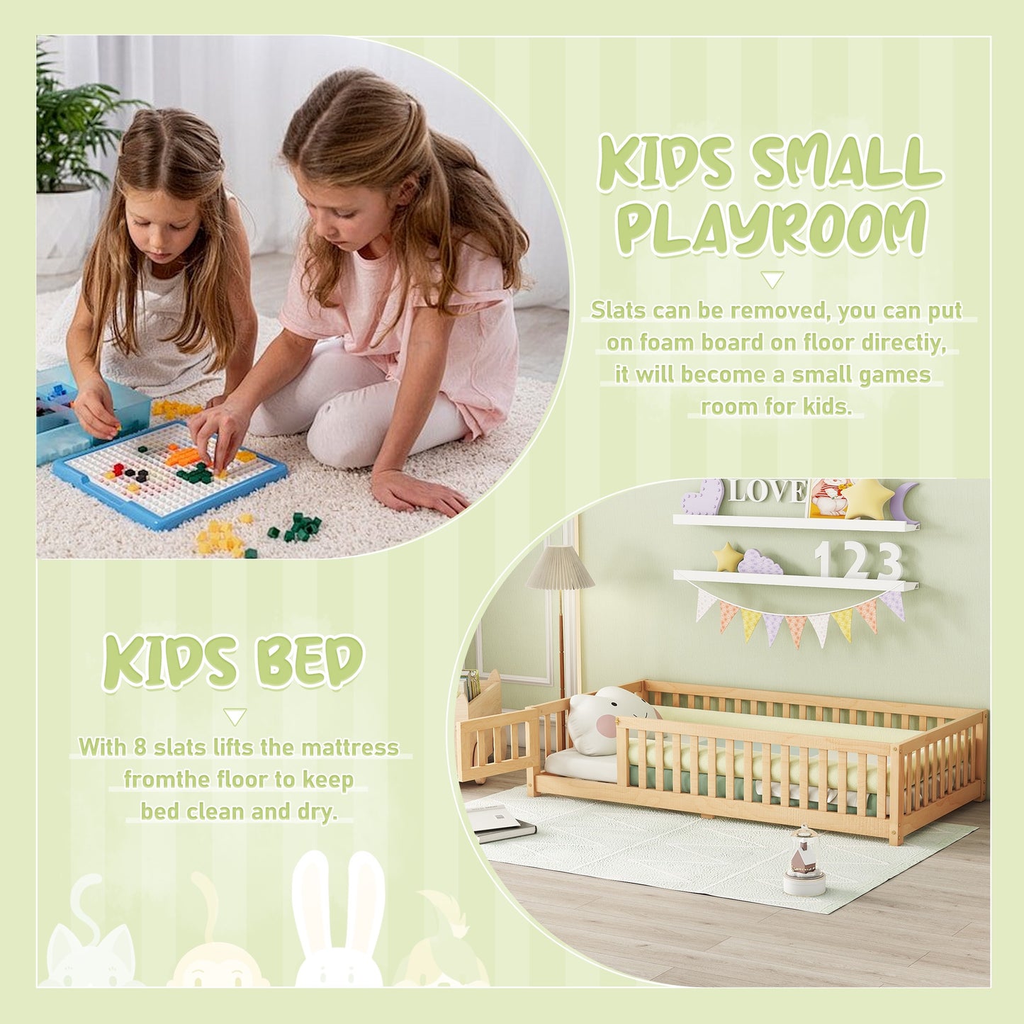 iRerts Twin Floor Bed Frame for Toddlers Kids, Wood Twin Montessori Bed Frame with Slats, Fence, Door, Kids Montessori Bed Twin Size, Twin Toddler Bed Frame for Boys Girls, Natural
