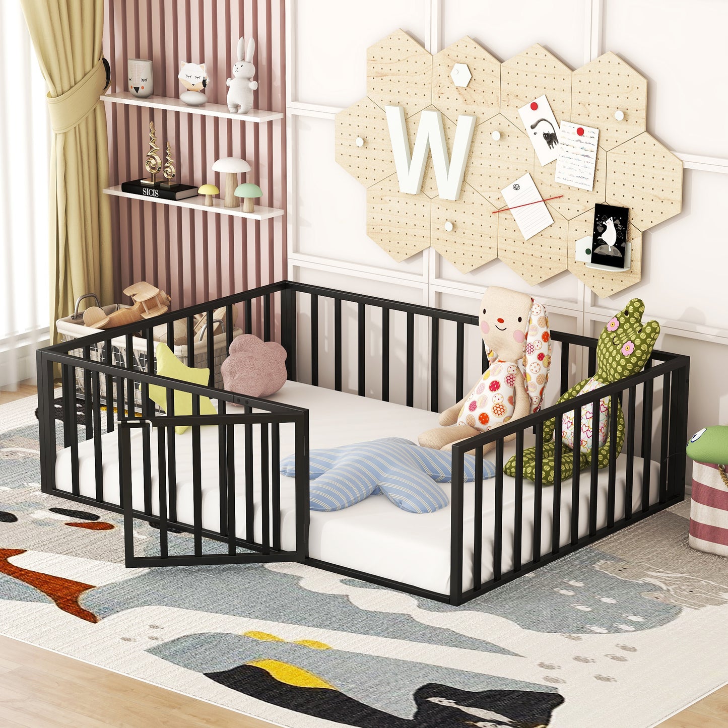 iRerts Full Floor Bed Frame, Metal Full Size Montessori Floor Bed Frame with Fence and Door, Kids Toddler Floor Bed Frame Full Size for Girls Boys, Twin Bed Frame without Bed Slats, Black